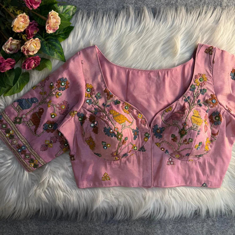Baby Pink Bird Motif Mirror Work Blouse  Cosmos Silk Designer Partywear