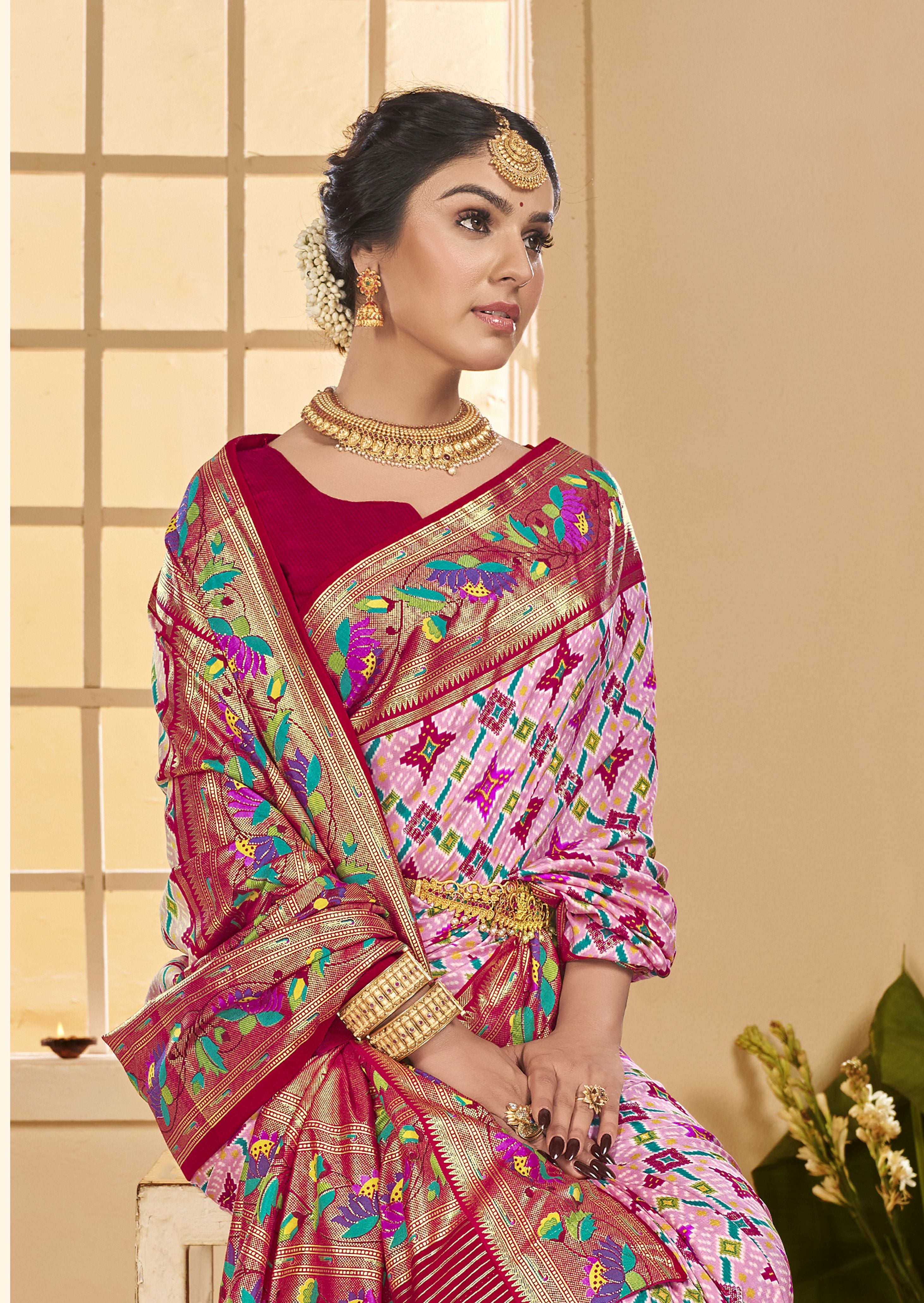 Baby Pink Ethnic Woven Border Designer With Ikkat Printed Cotton Silk Saree