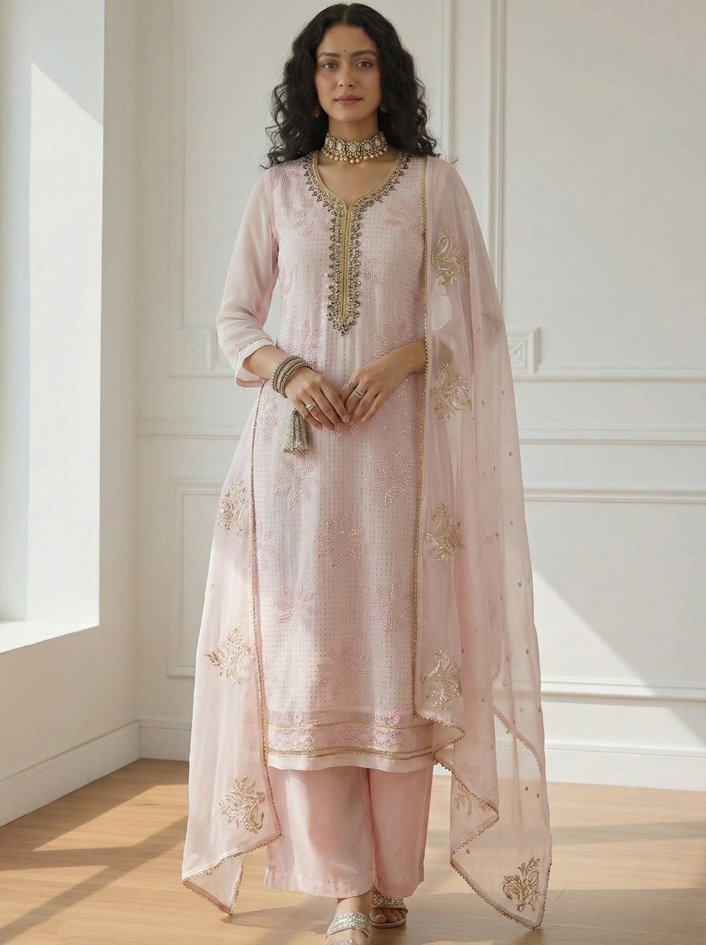 Baby Pink Georgette Salwar Suit With Khatli Embroidery