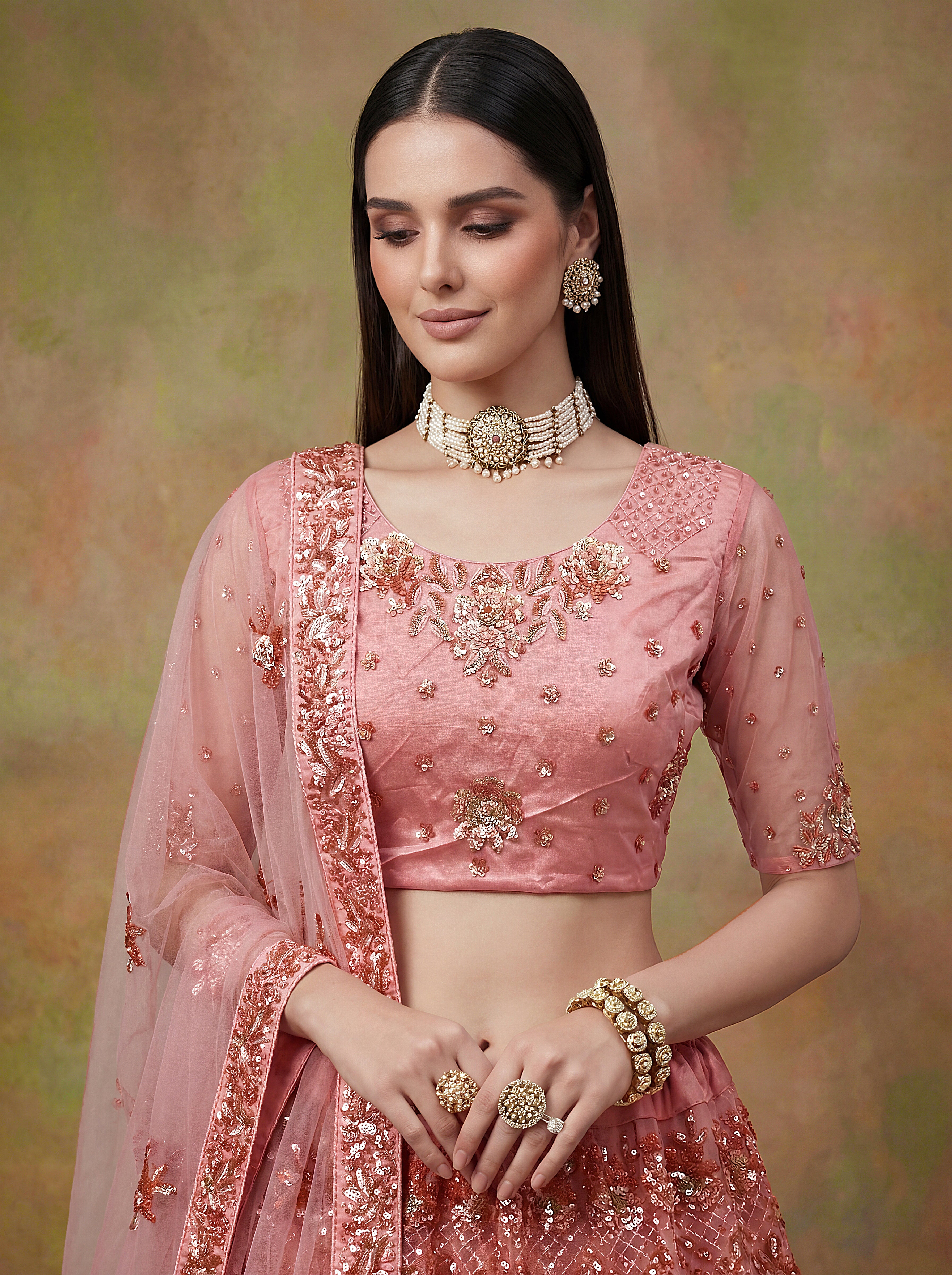 Baby Pink Net Lehenga Choli With Fancy Multi Heavy Thread Embroidery With Sequins Work