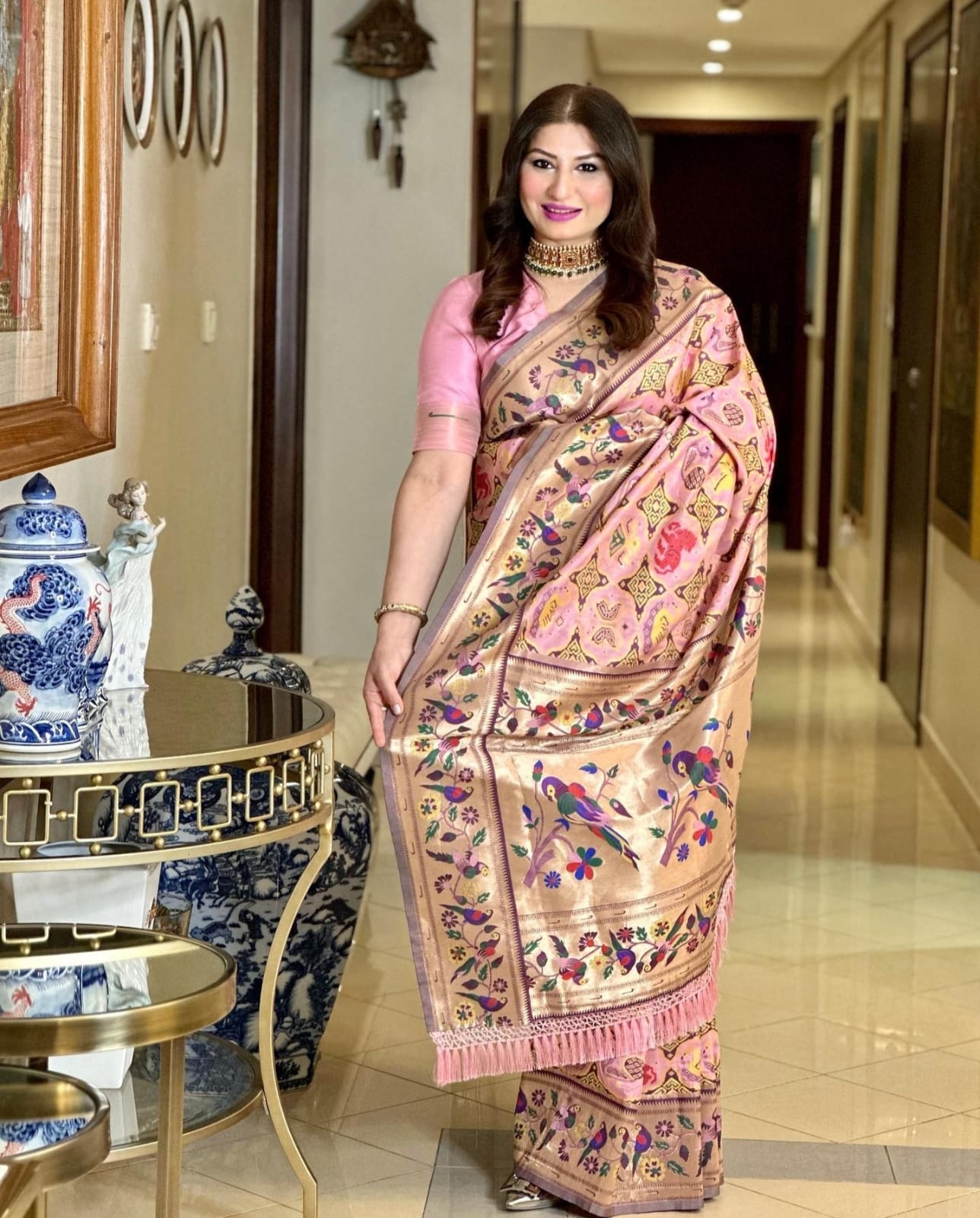 Baby Pink Paithani Silk Saree with Meenakari Zari and Pallu