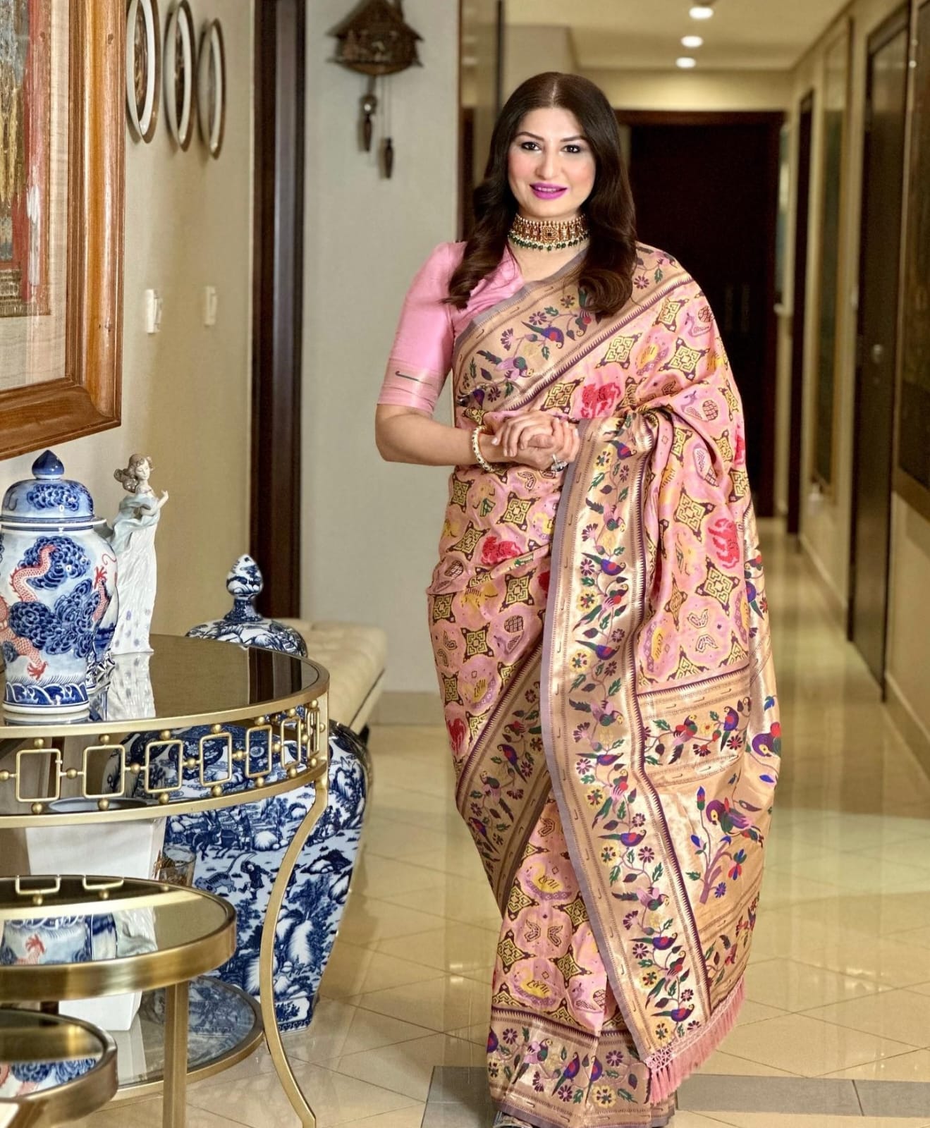 Baby Pink Paithani Silk Saree with Meenakari Zari and Pallu