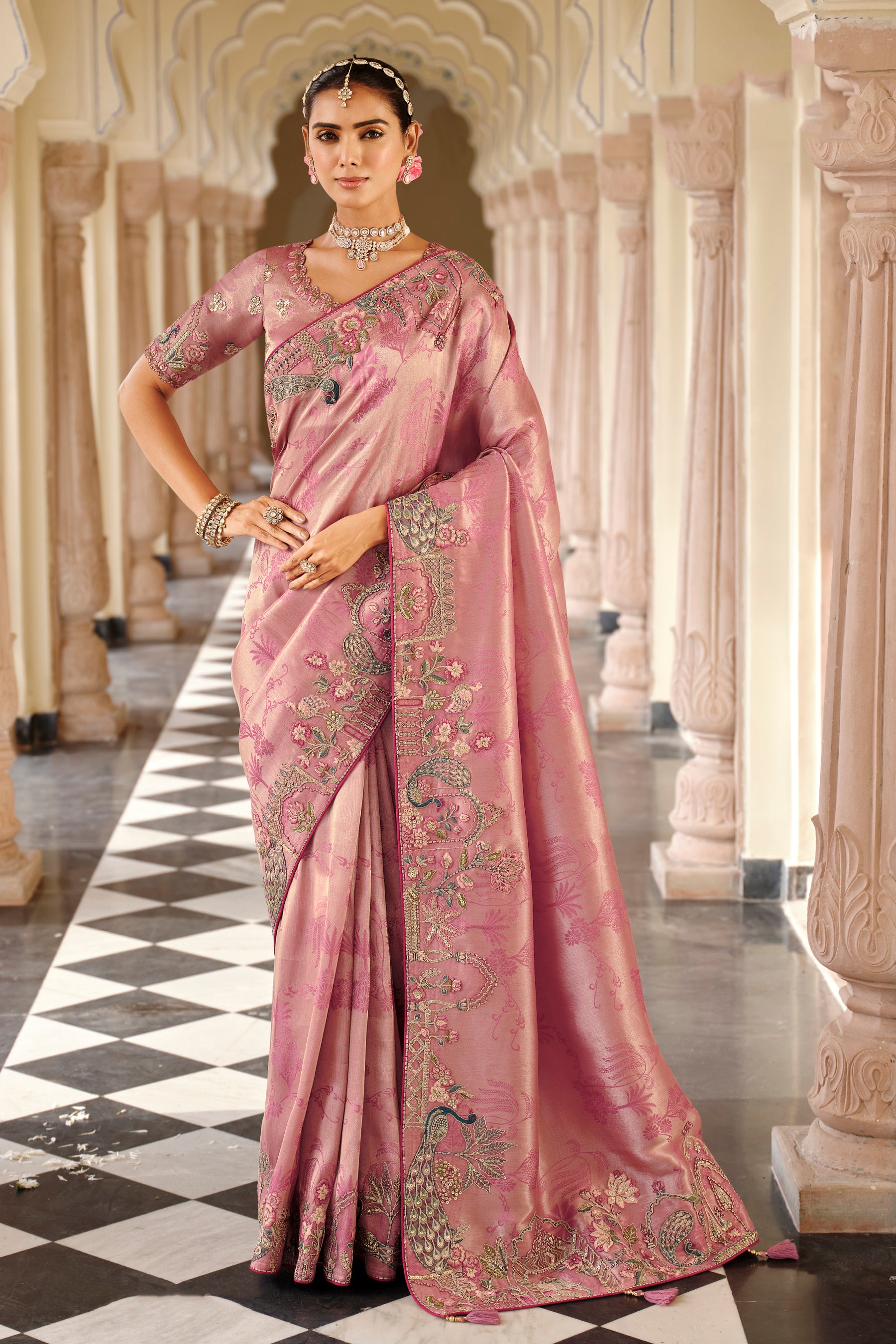 Baby Pink Saree With  Zari weaving With Heavy Thread Embroidery With khatli work