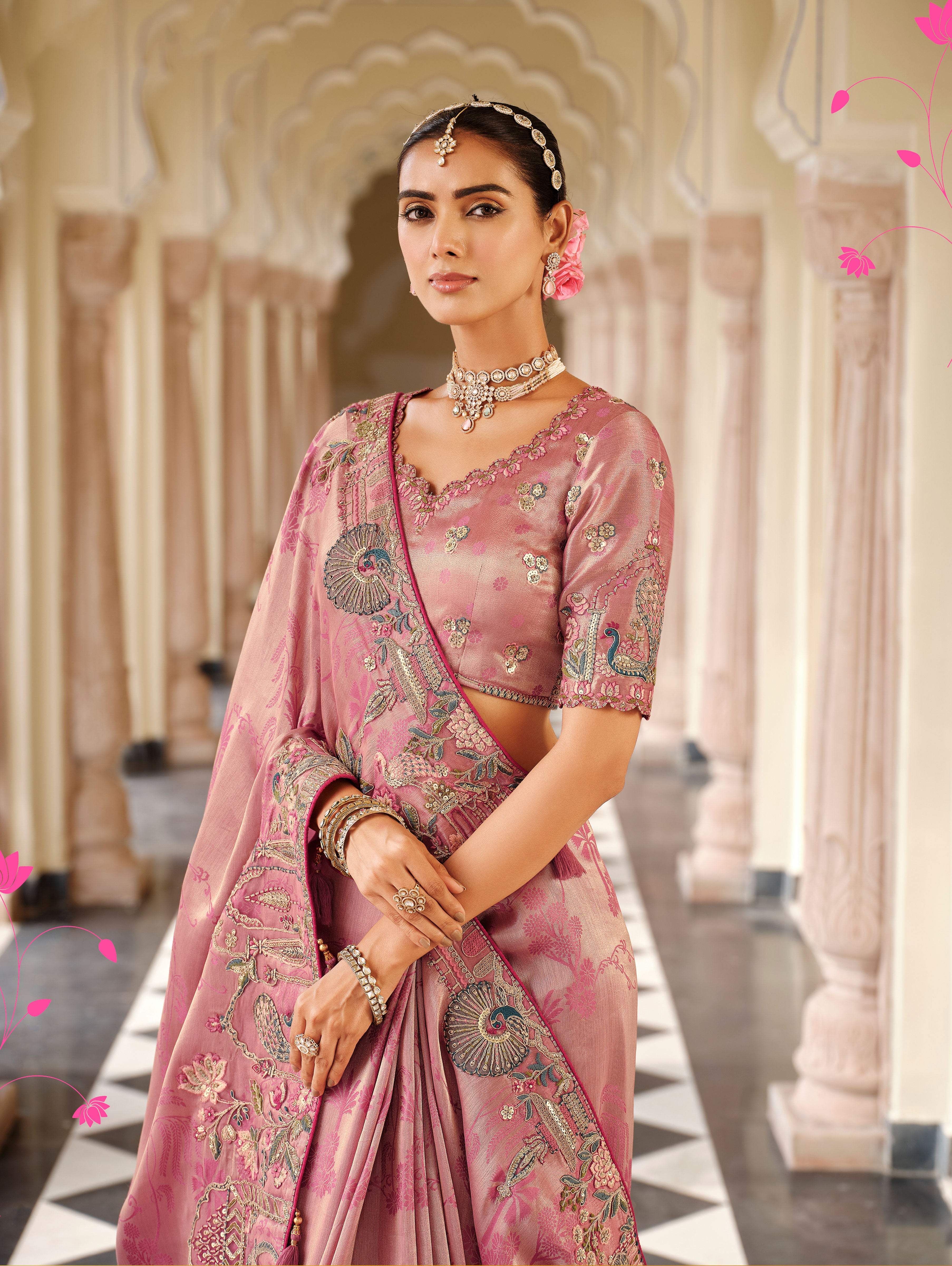 Baby Pink Saree With  Zari weaving With Heavy Thread Embroidery With khatli work