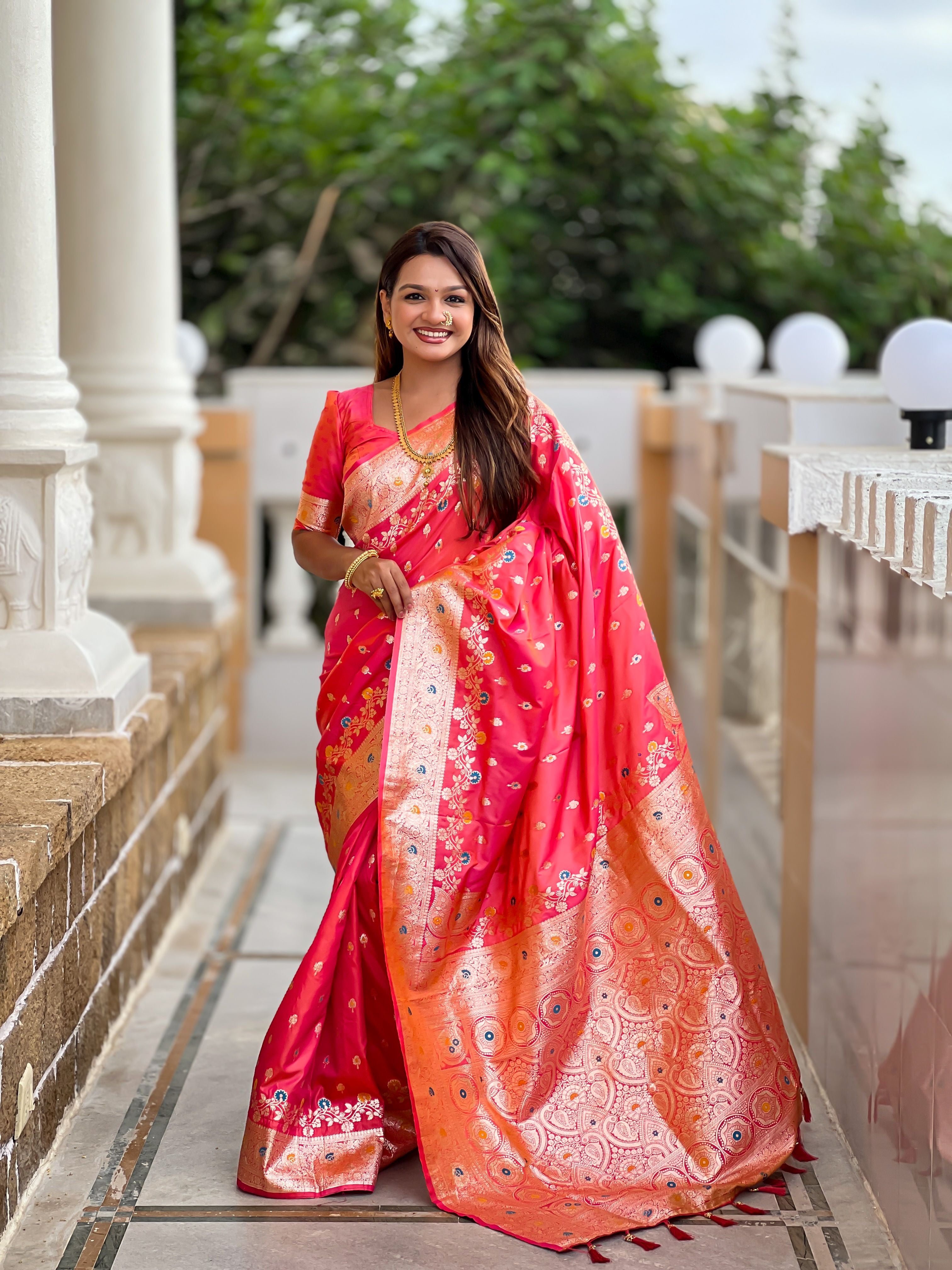 Banarasi Silk Woven Meenakari Designer Gajri Sophisticated Ethnic Ceremonial Saree