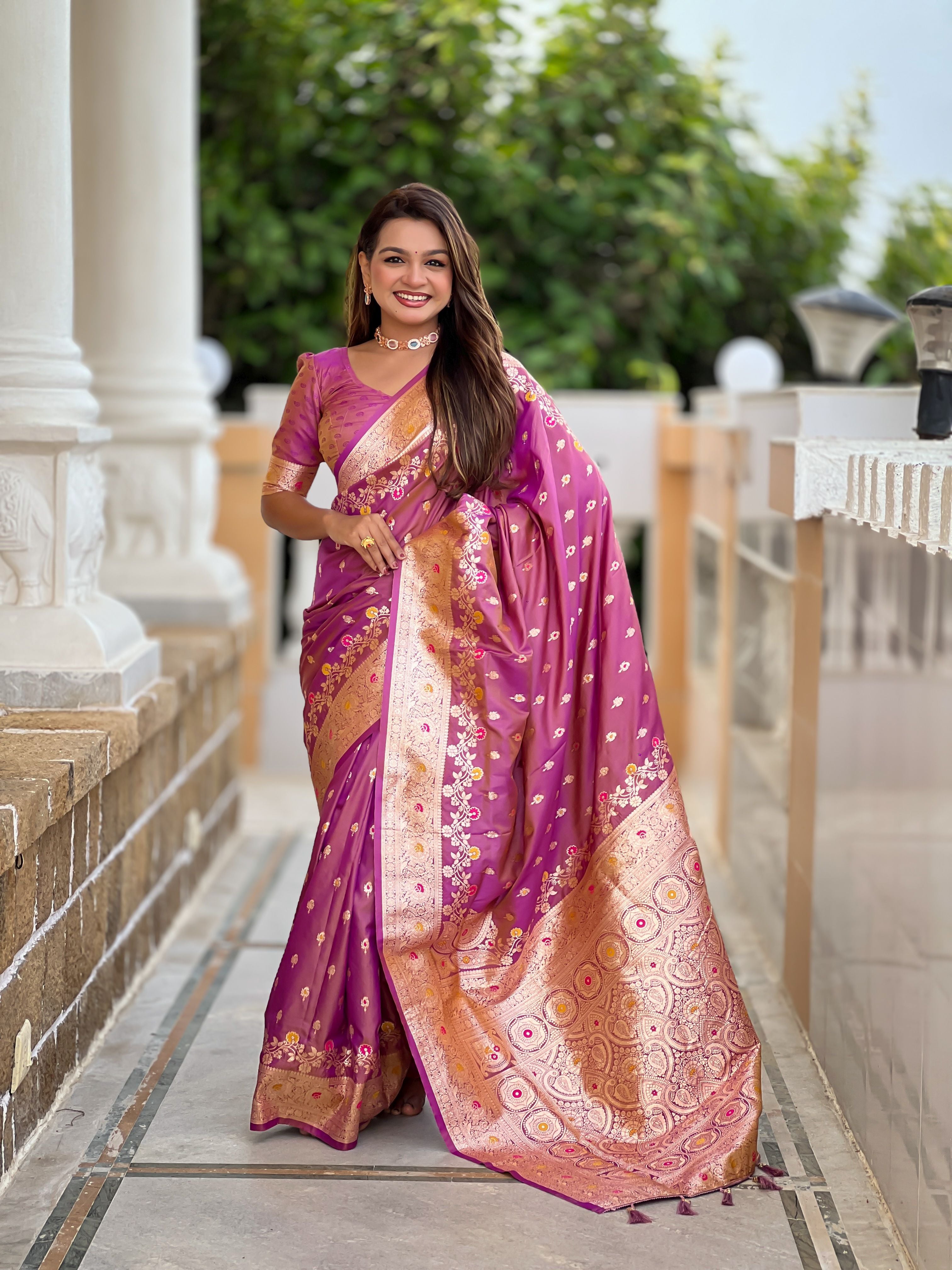 Banarasi Silk Woven Meenakari Designer Onion Sophisticated Ethnic Ceremonial Saree