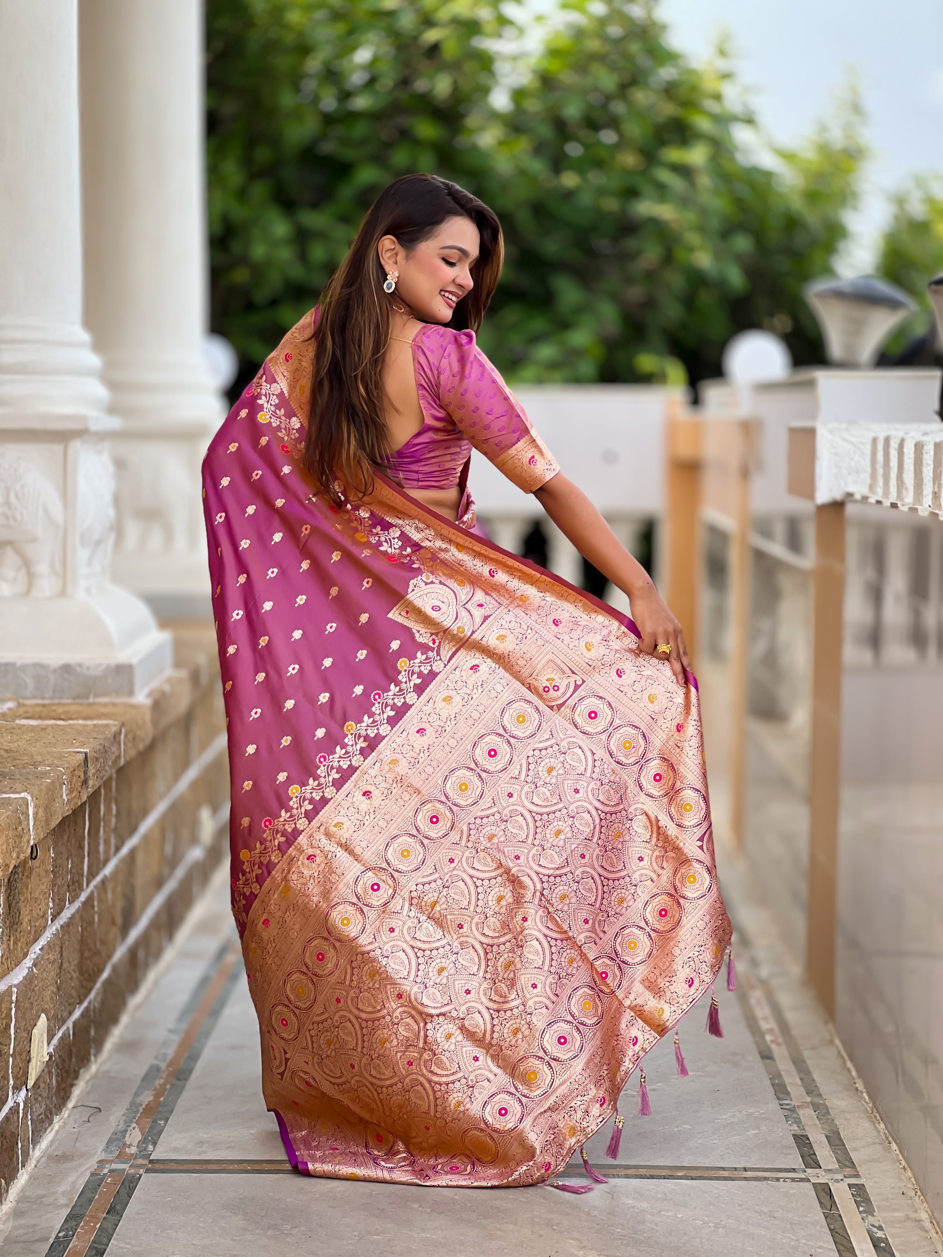 Banarasi Silk Woven Meenakari Designer Onion Sophisticated Ethnic Ceremonial Saree