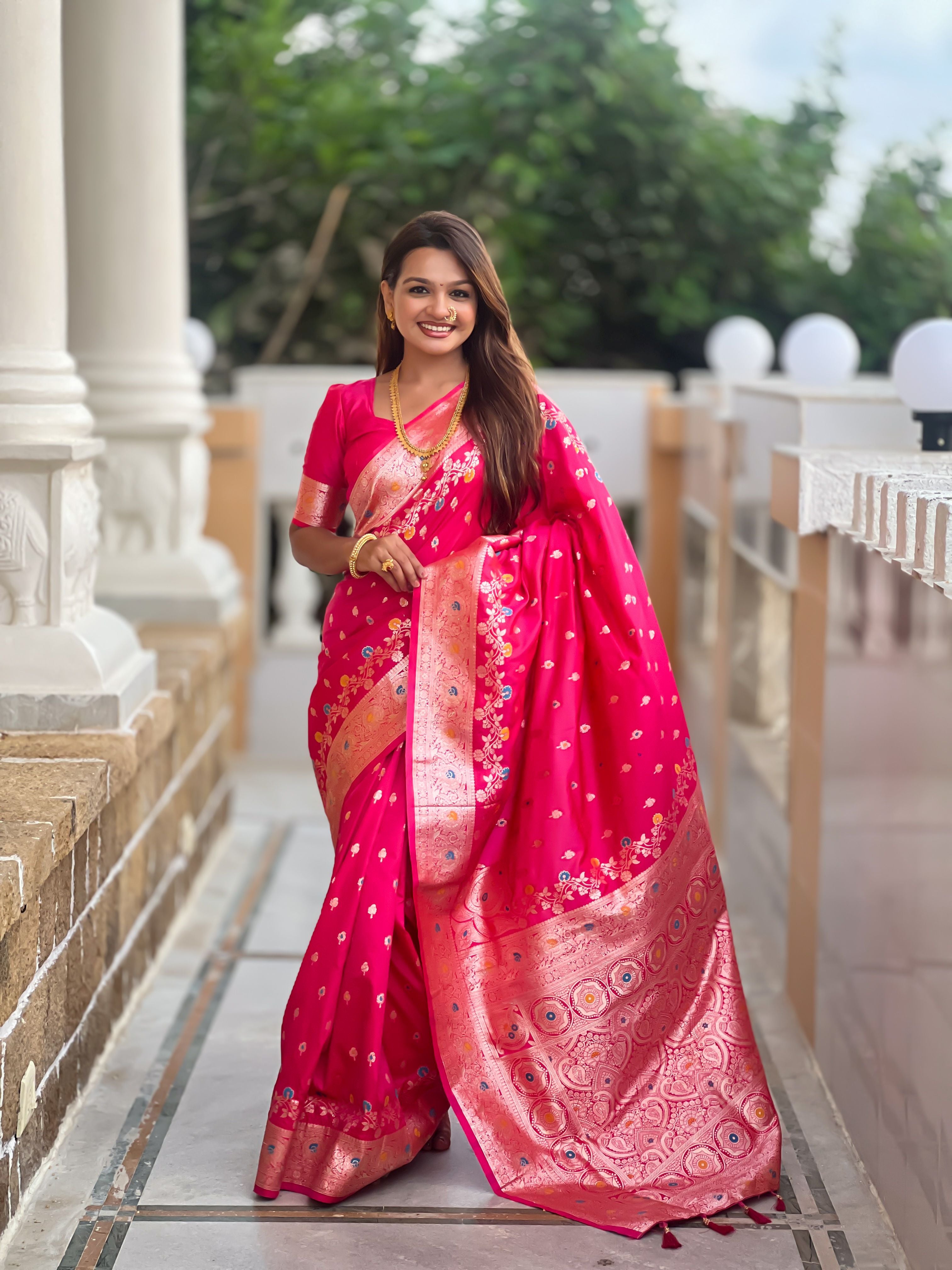 Banarasi Silk Woven Meenakari Designer Pink Sophisticated Ethnic Ceremonial Saree