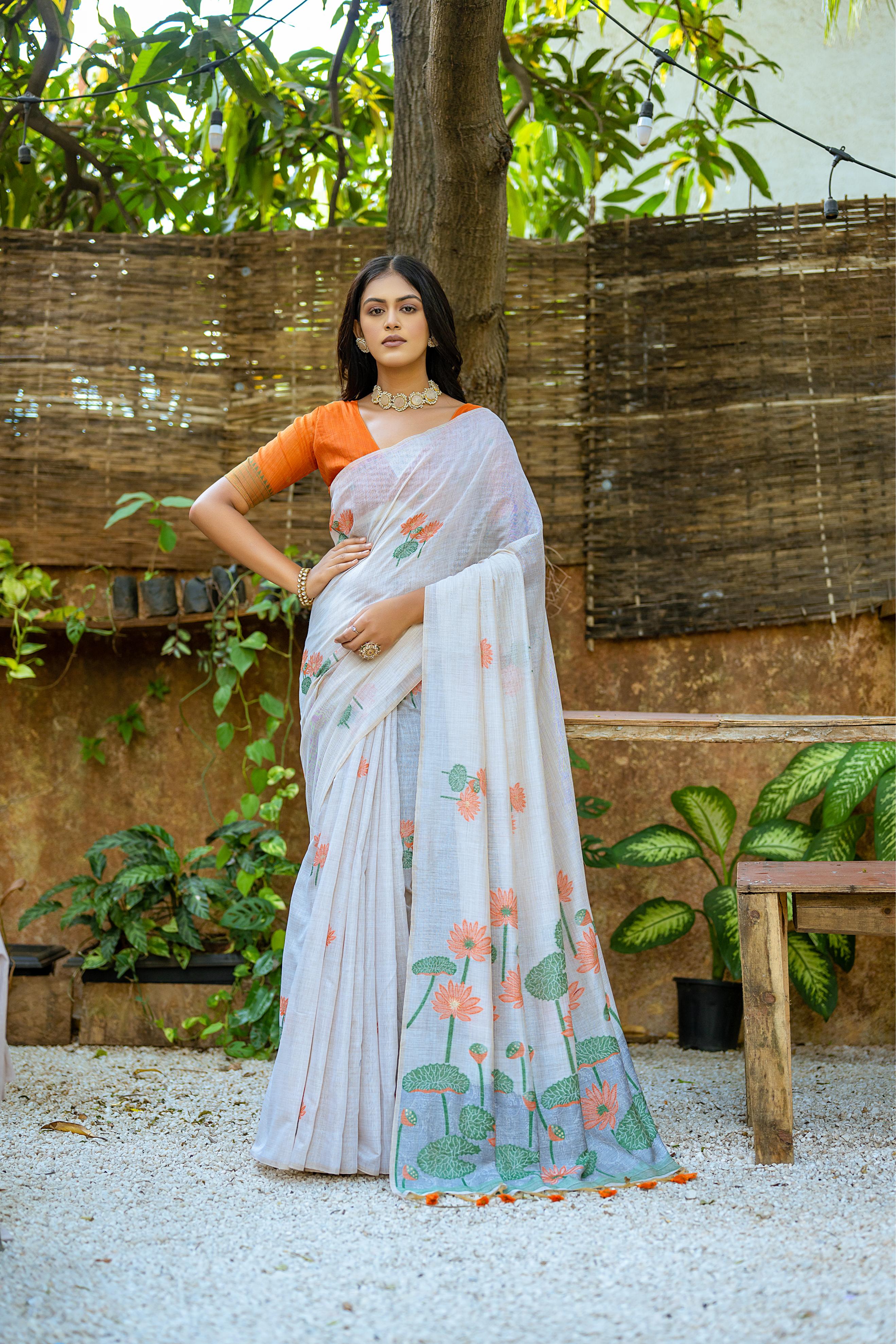 Beautiful Floral Weaving Designer Off White Muga Cotton Rich Looks Saree