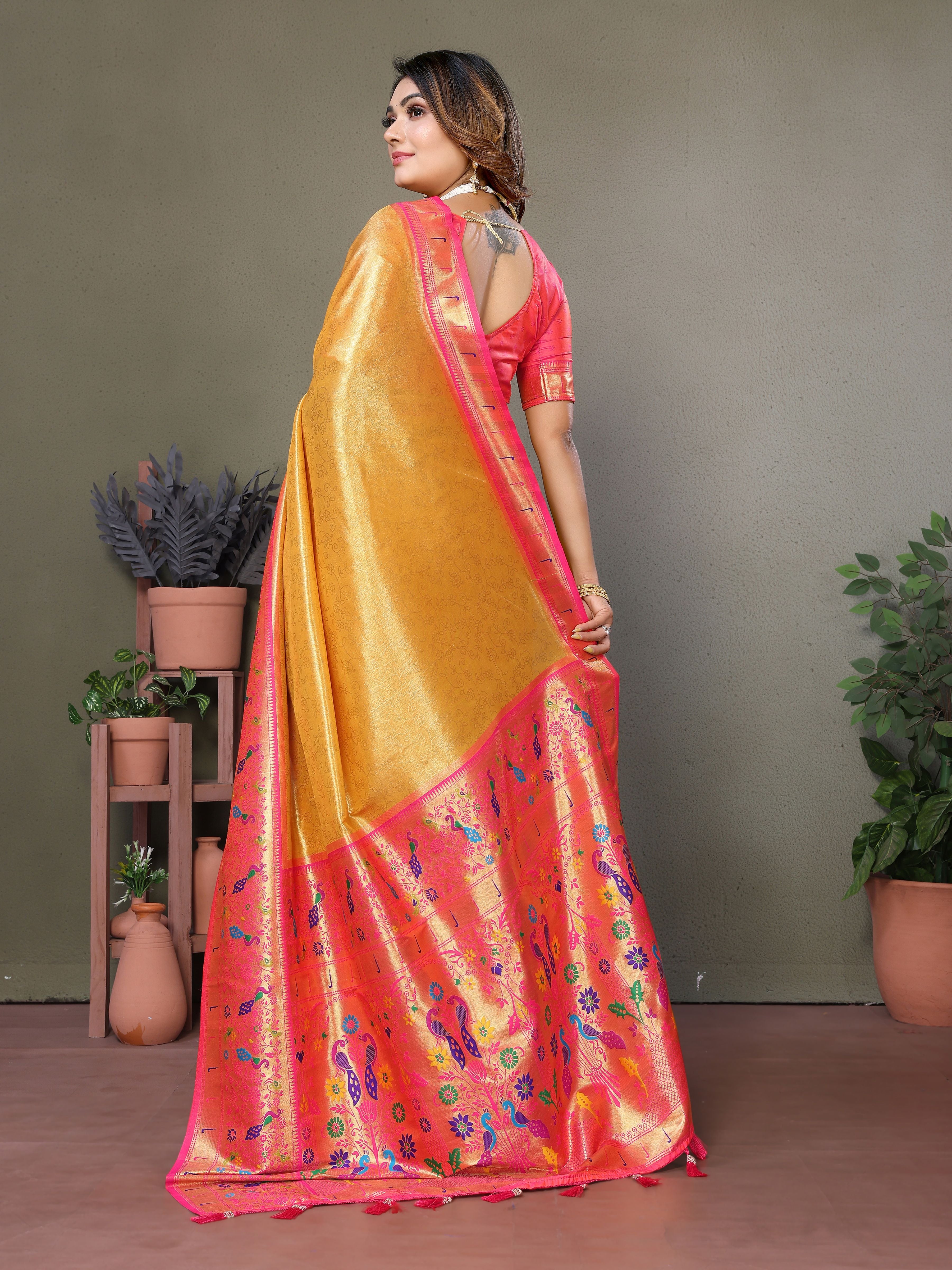 Beautiful Mustard Banarasi Tissue Silk Partywear Saree