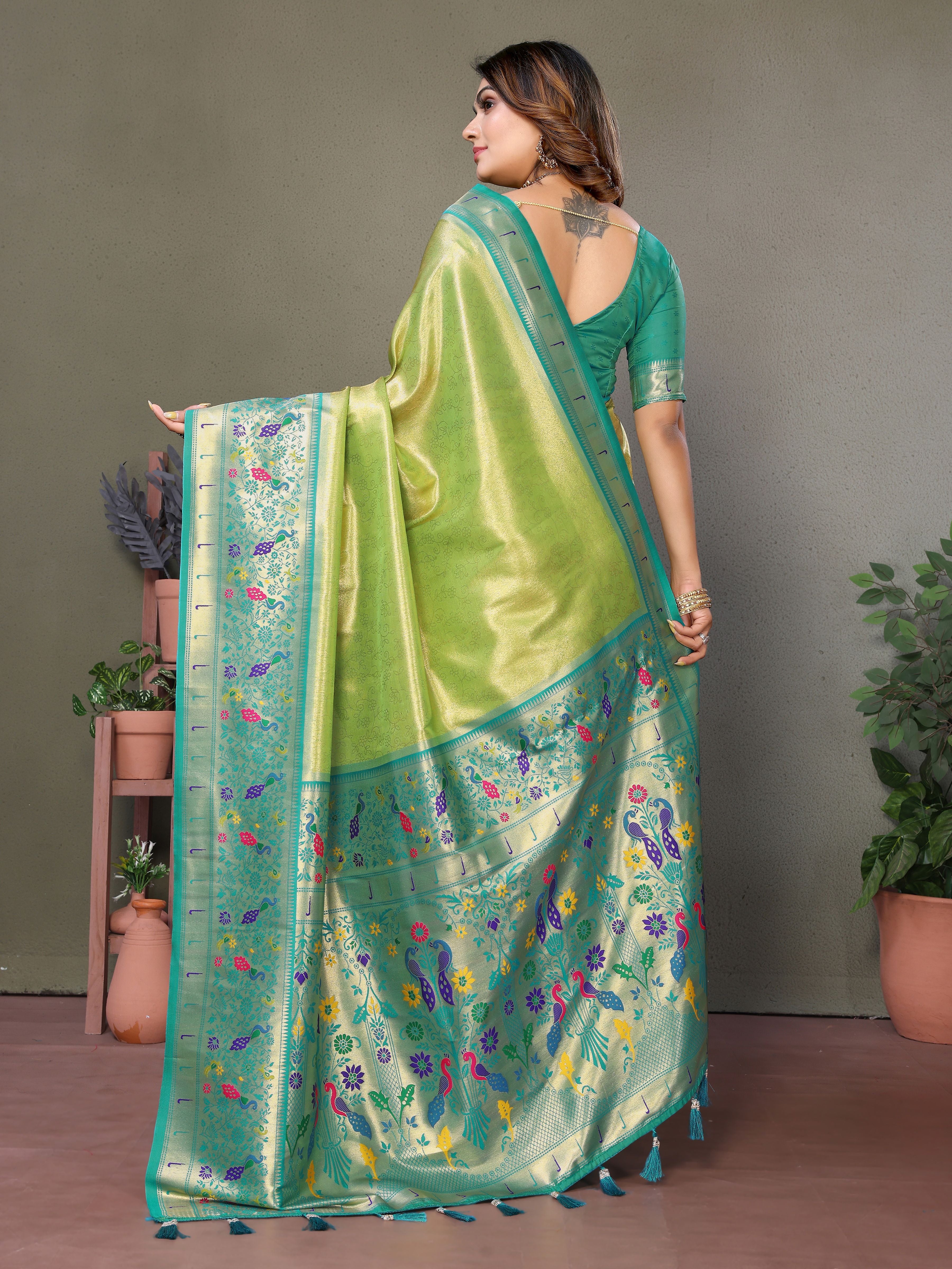 Beautiful Olive Banarasi Tissue Silk Partywear Saree