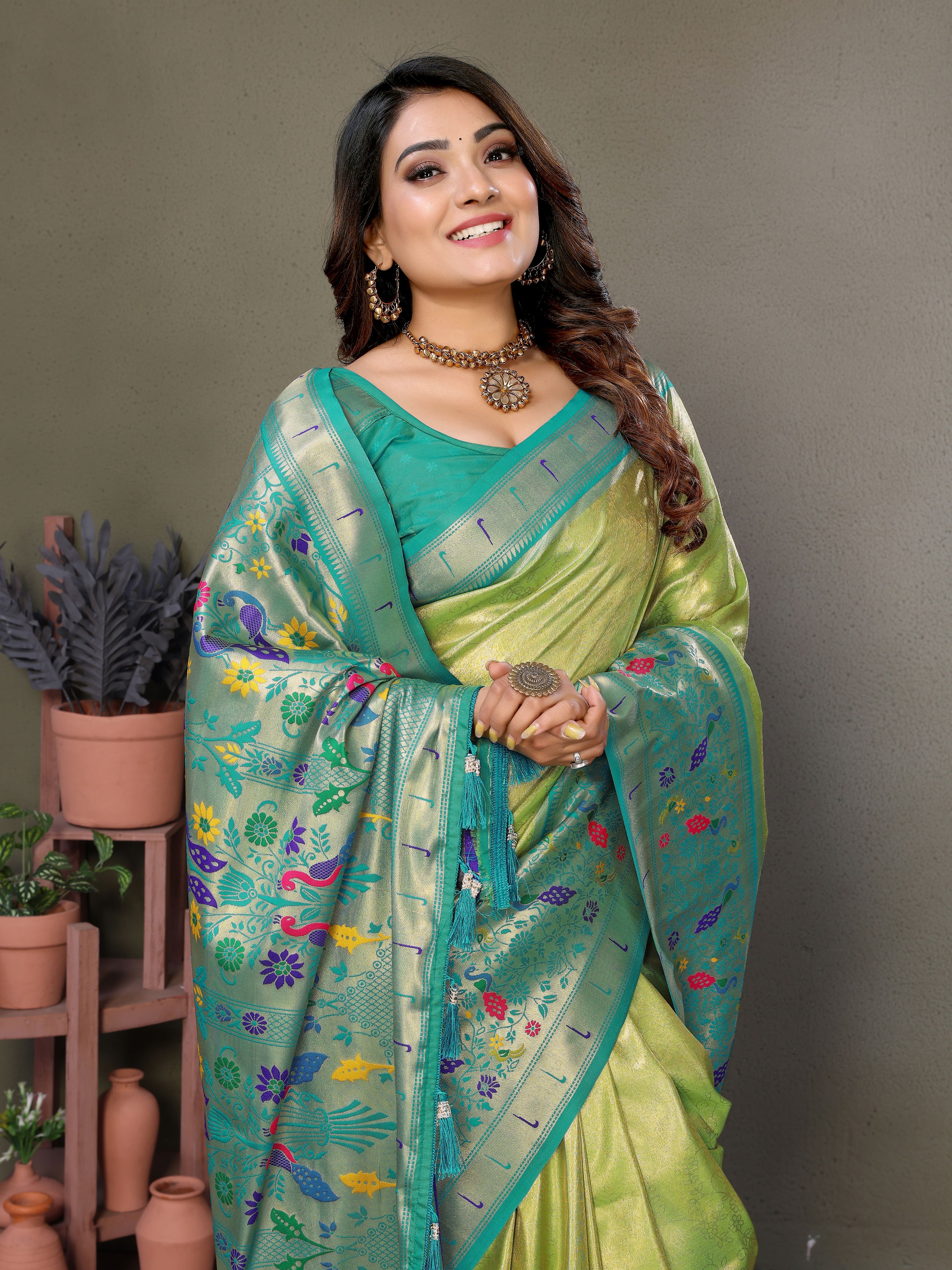 Beautiful Olive Banarasi Tissue Silk Partywear Saree
