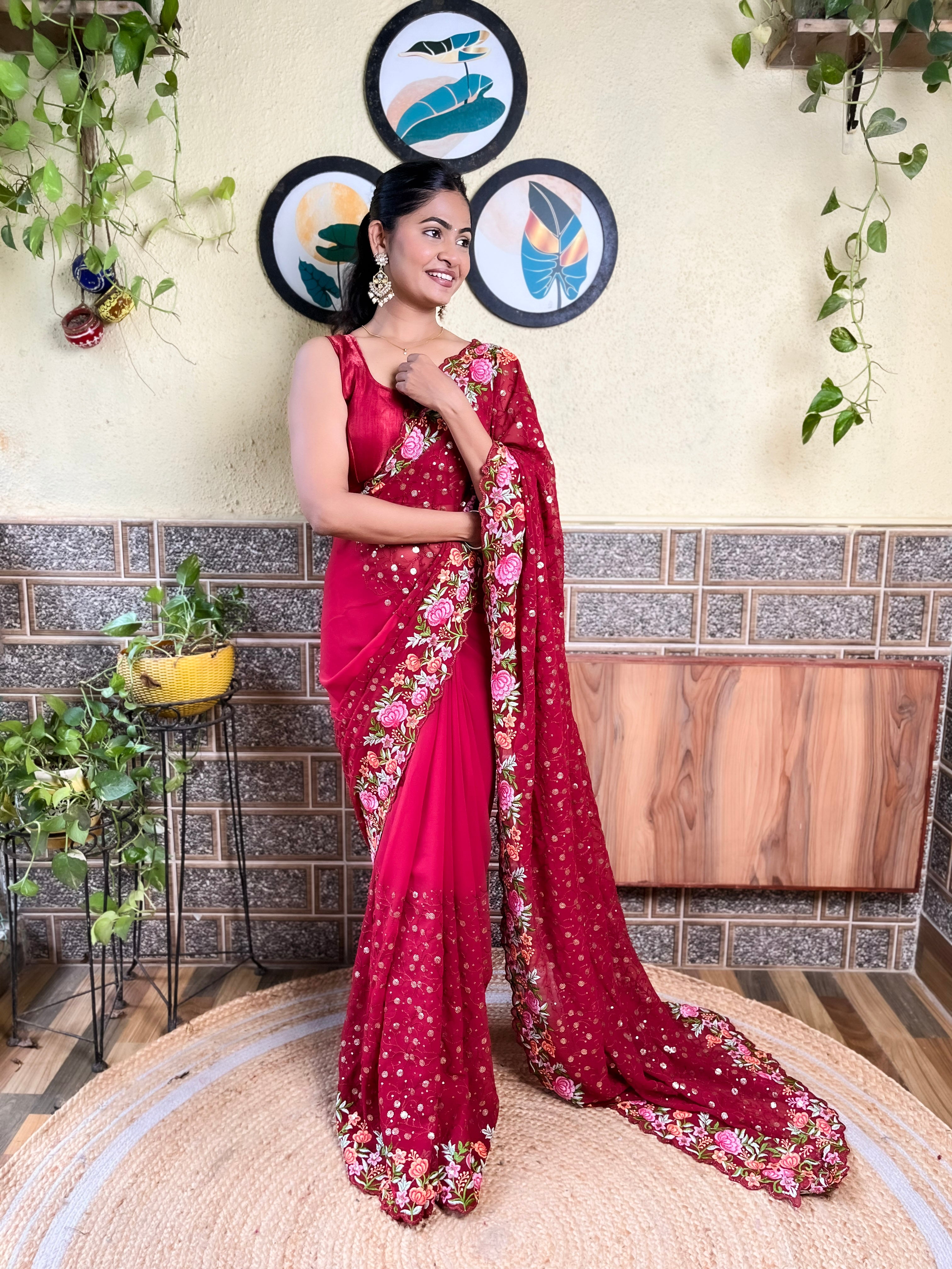 Beautifuly Designer Georgette Maroon Saree With Glamorous Embroidery Work For Ceremonial Work