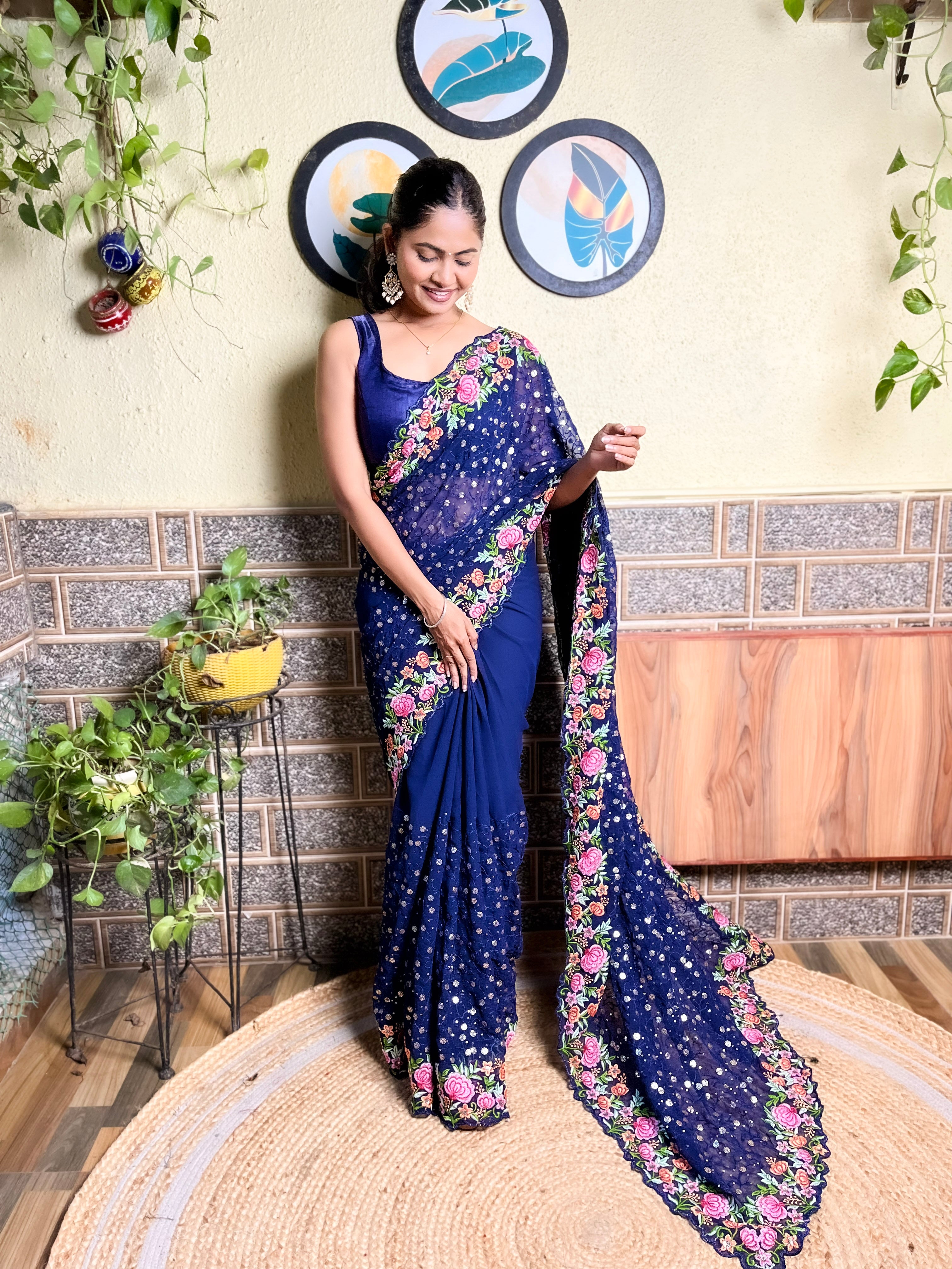 Beautifuly Designer Georgette Navy Blue Saree With Glamorous Embroidery Work For Ceremonial Work