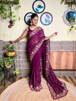 Beautifuly Designer Georgette Wine Saree With Glamorous Embroidery Work For Ceremonial Work