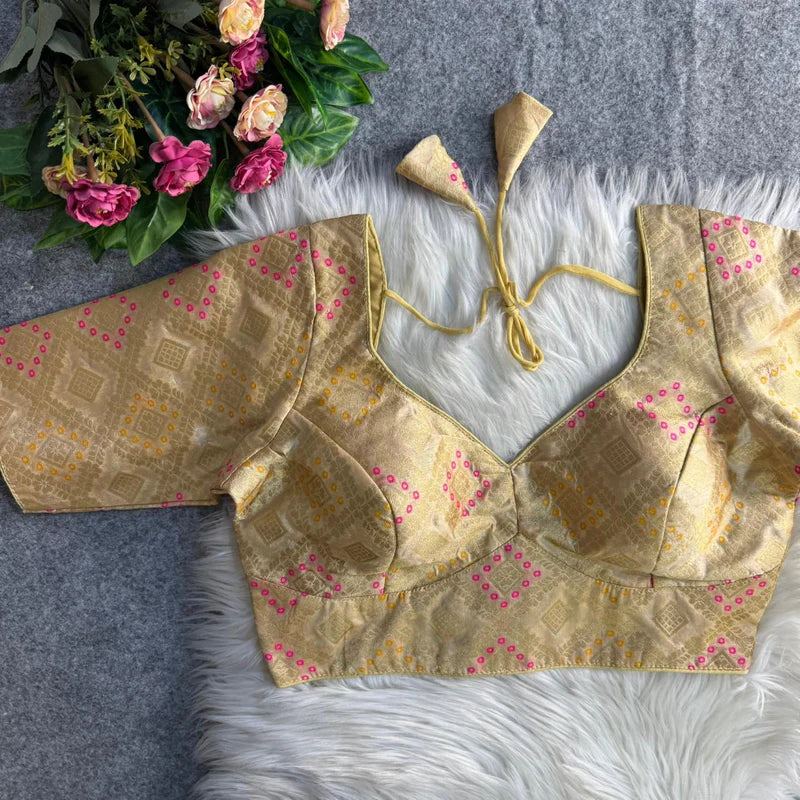 Beige Banarasi Jacquard Patola Designer Blouse  Silk Partywear Readymade Blouse