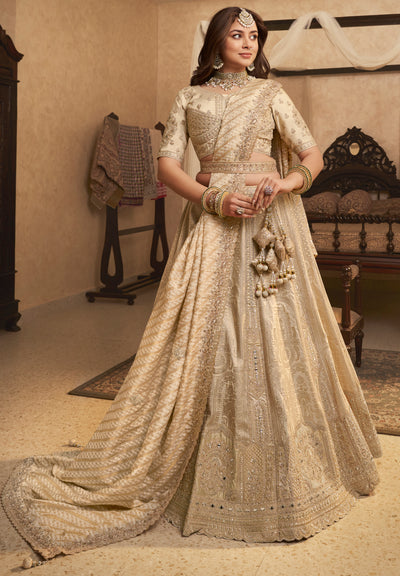 Beige Banarasi Premium Silk Lehenga Choli With Heavy Thread Embroidery, Sequence, Swarovski ,Stone With Zari, Khatli Weaving Work