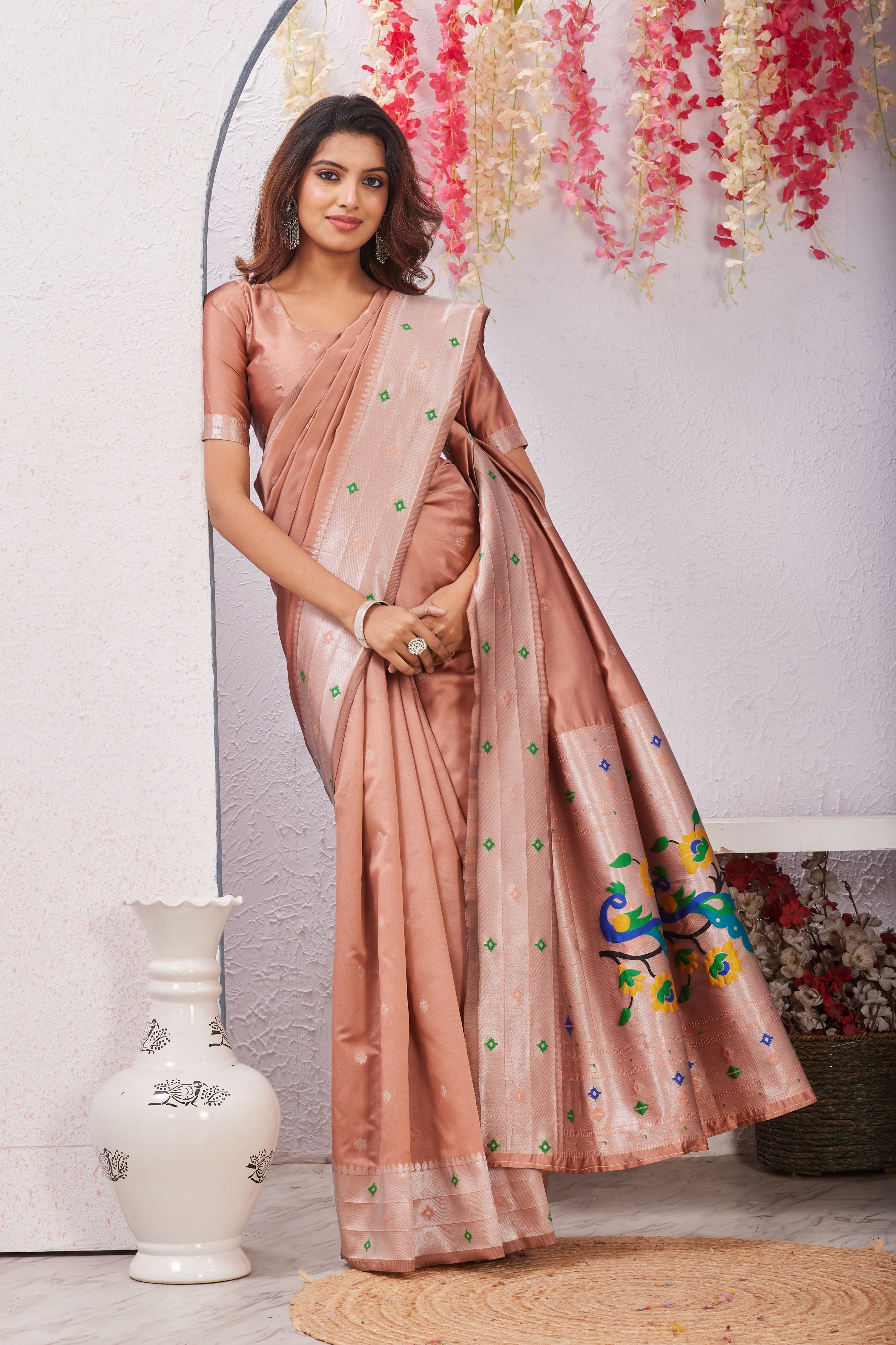 Beige Banarasi Silk Saree with Peacock Motif, Rich Pallu & Jacquard Jari Work