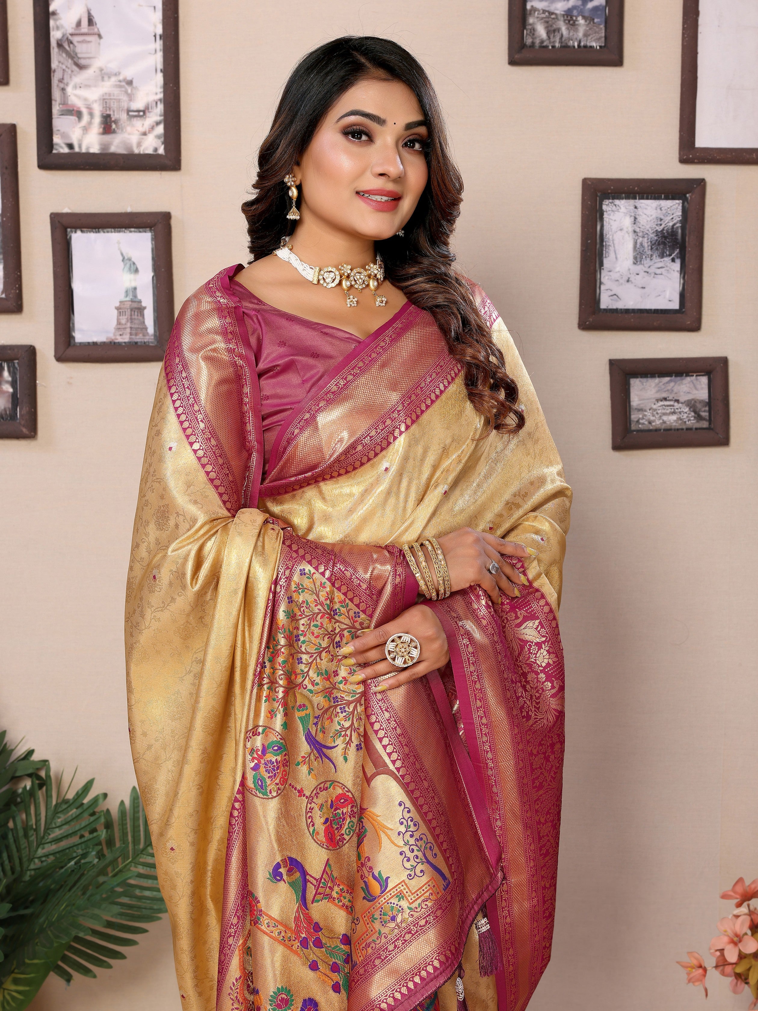 Beige Banarasi Tissue Silk Heavy Woven Jari Designer Ceremonial Saree