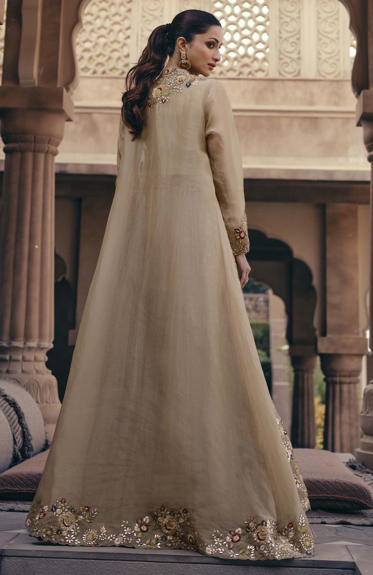 Beige Chinon Silk Lehenga Choli With Sequin Embroidered Jacket