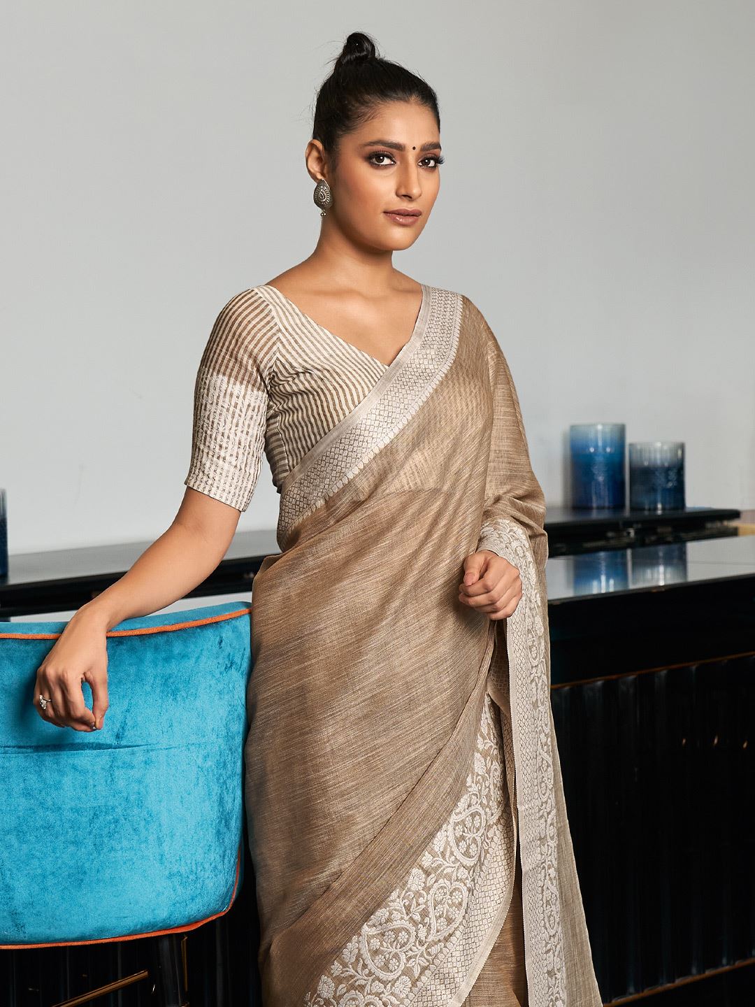 Beige Color Cotton Linen Blend Saree