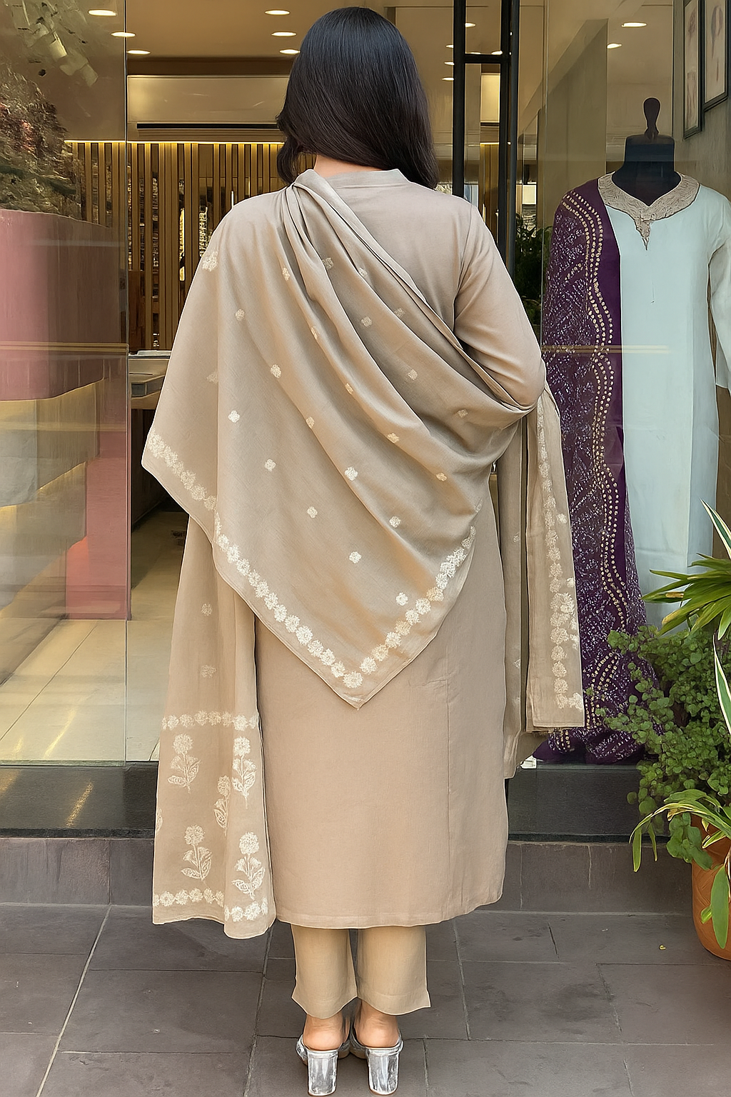 Beige Cotton Kurta Pant Set With Heavy Thread Embroidery Work