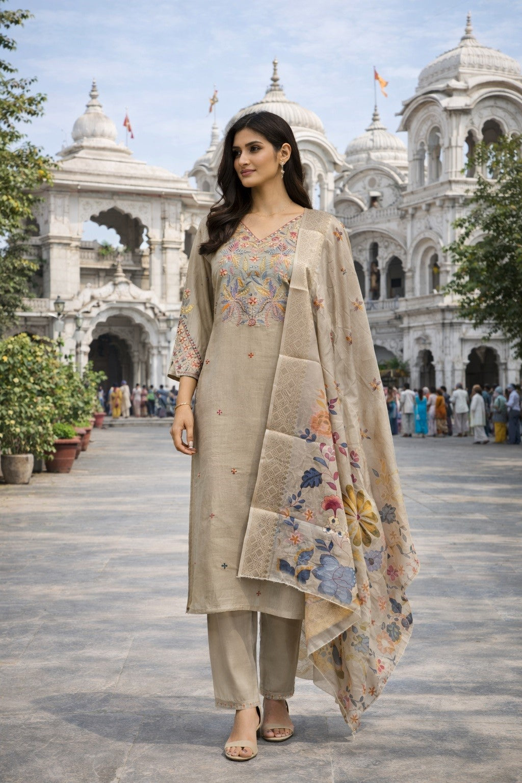 Beige Jacquard Silk Designer Suit Set With Sequin Embellishments