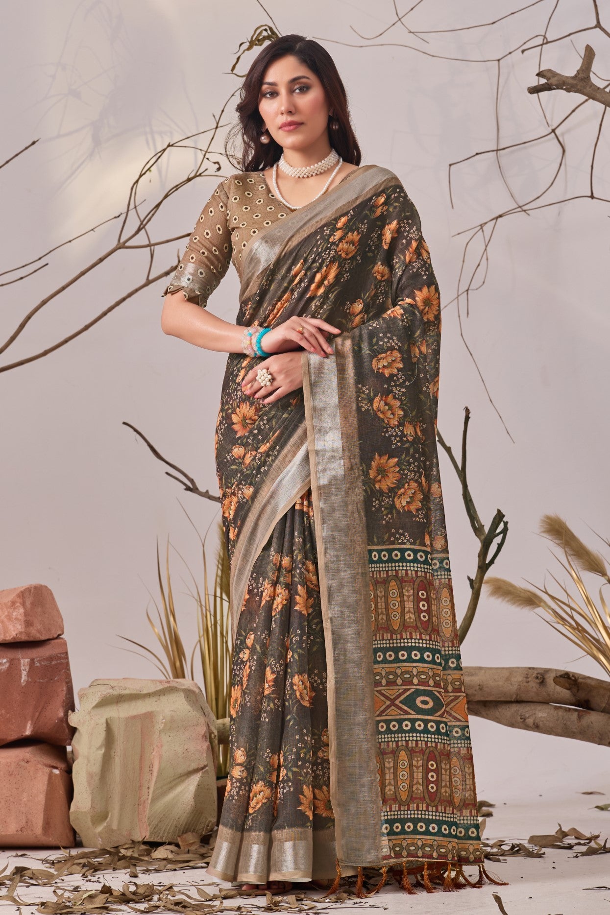Beige Linen Cotton Saree with Digital Print