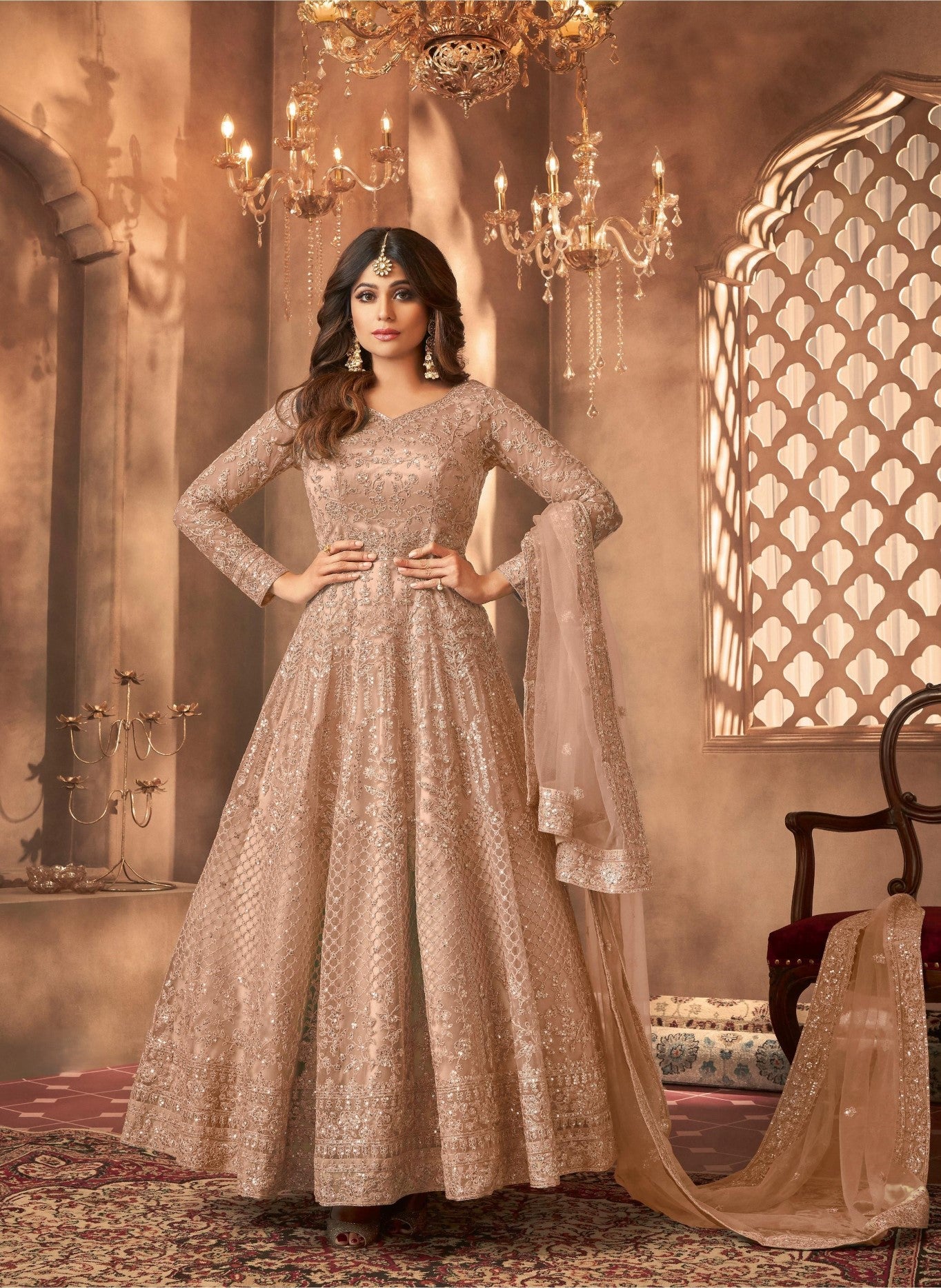 Beige Net Designer Suit Set With Intricate Embroidery