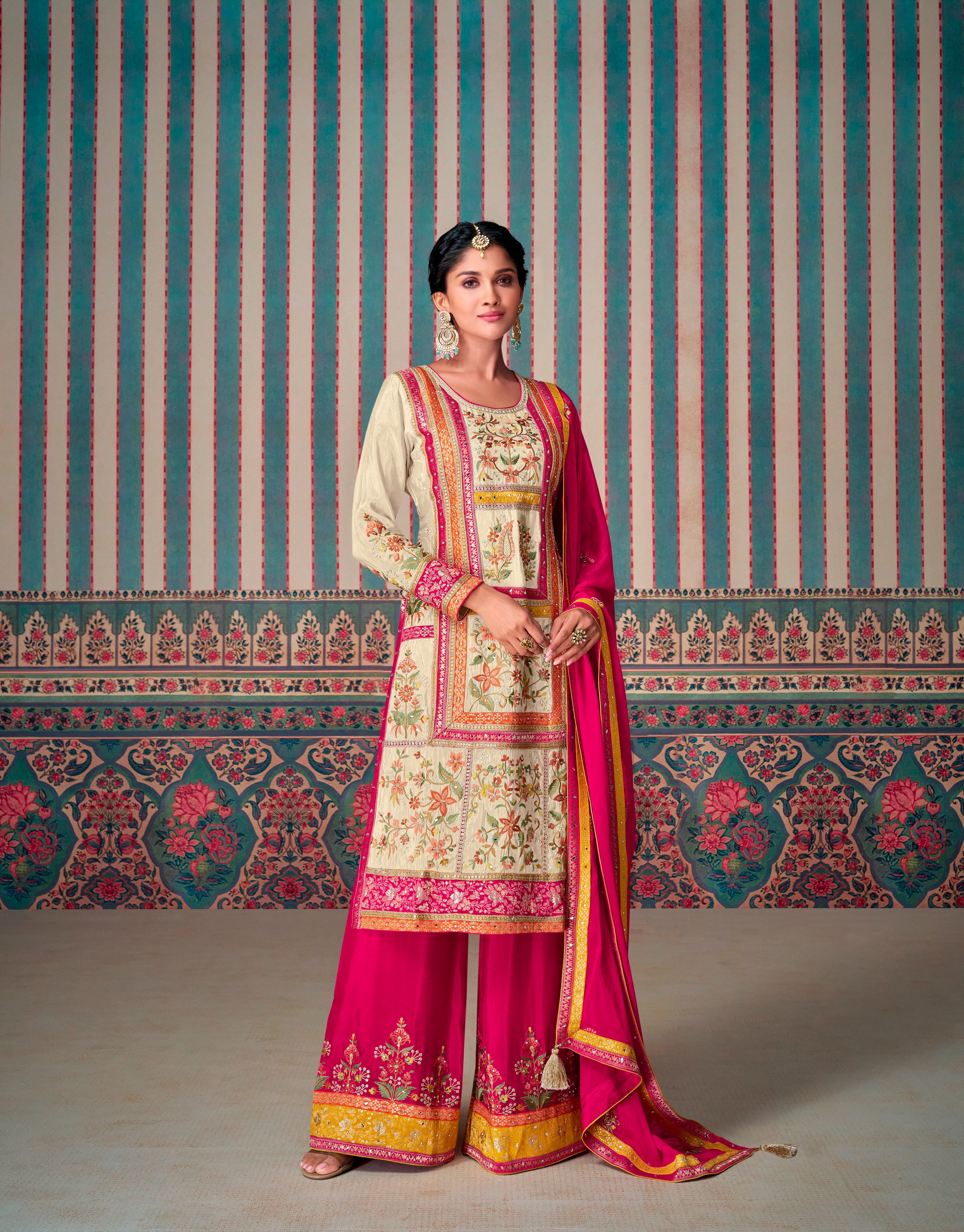Beige Palazzo Style Salwar Suit With Heavy Embroidery Work