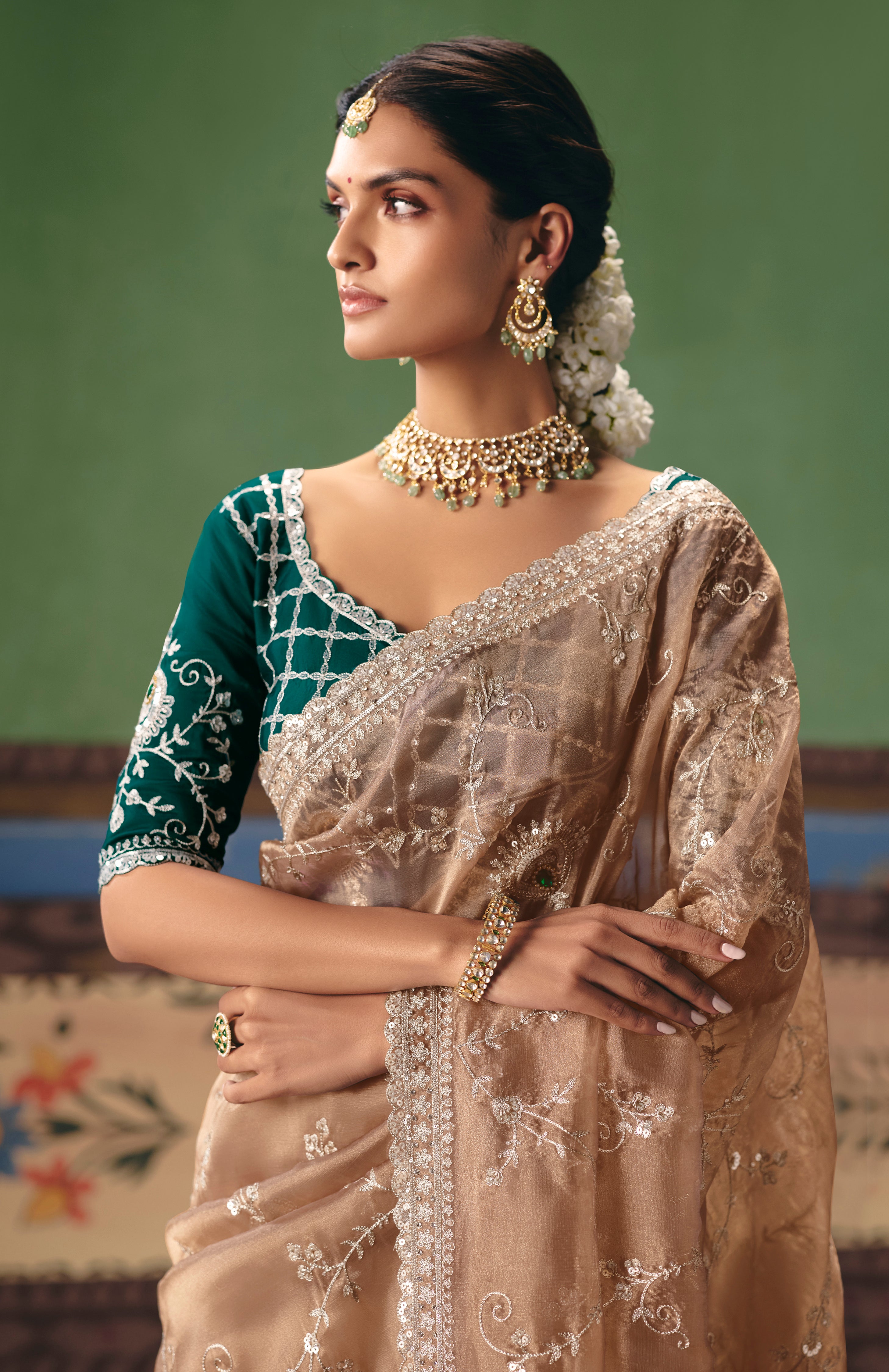 Beige Saree With  Heavy Designer Embroidery, Sequince, Stone, Pearl With Beads Work