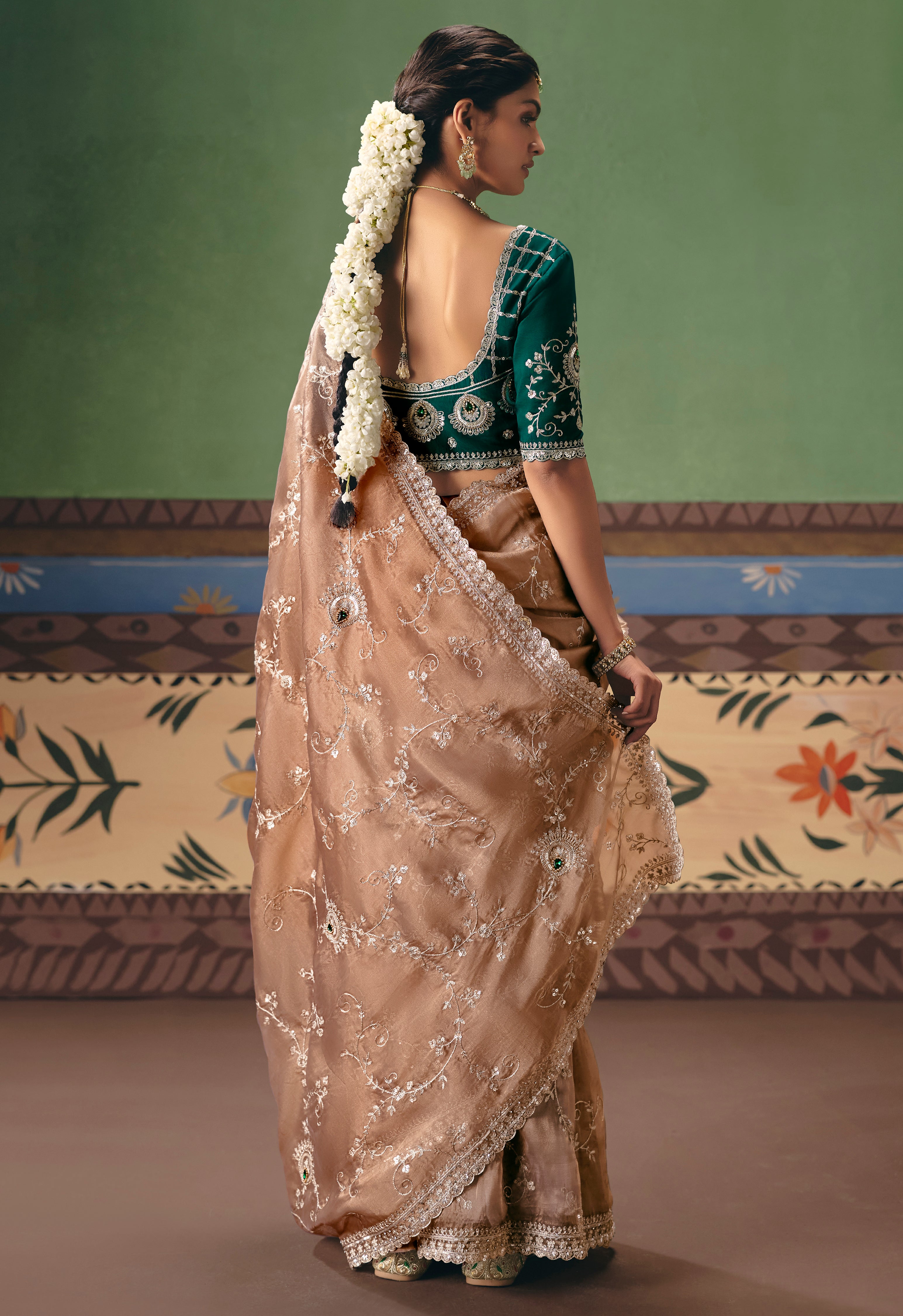 Beige Saree With  Heavy Designer Embroidery, Sequince, Stone, Pearl With Beads Work