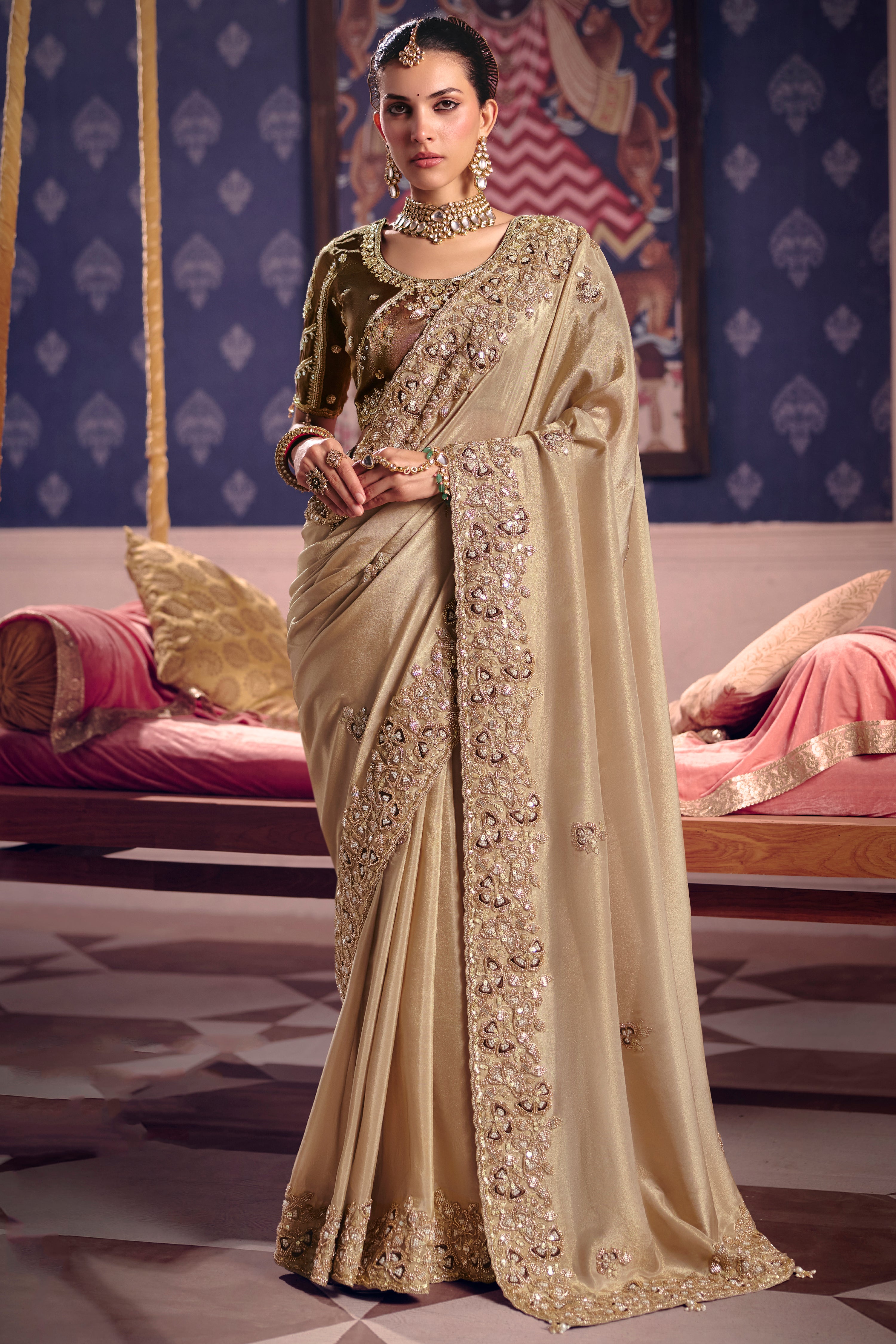 Beige Saree With  Heavy Embroidery, Beads With Sequince Work