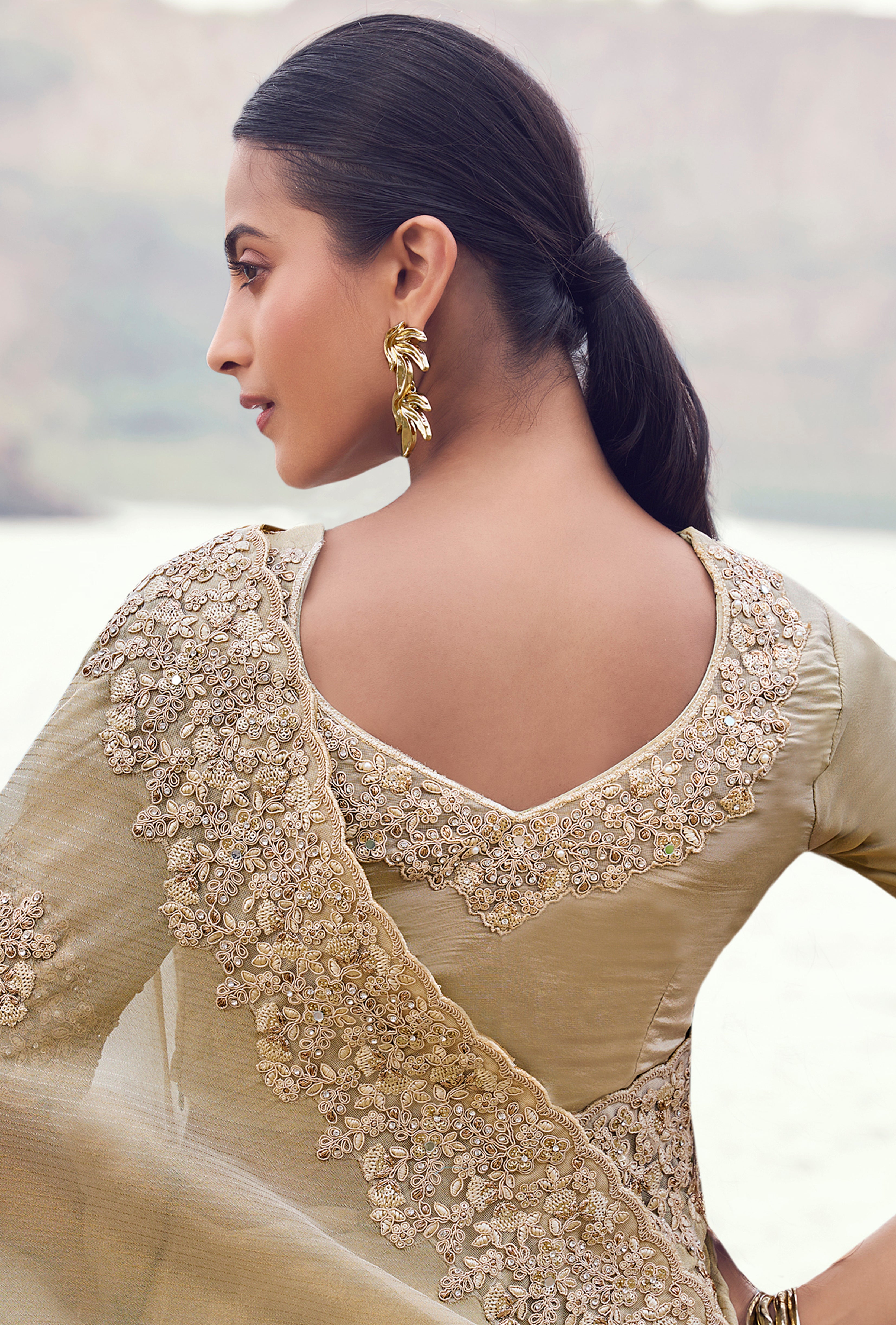 Beige Saree With  Heavy Thread Embroidered With Sequins Work