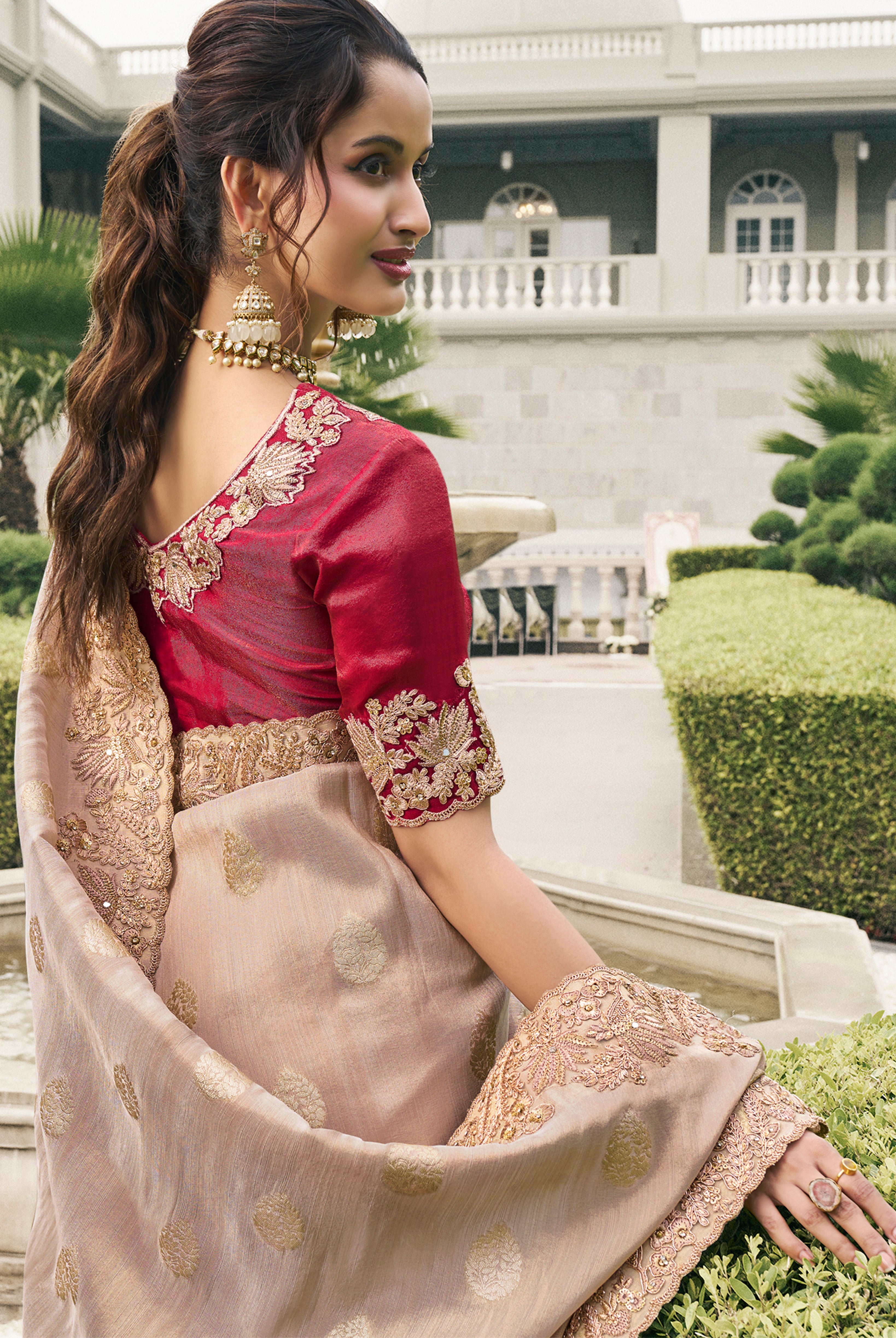 Beige Saree With  Heavy Thread Embroidery, Stone, Pearl, Real Mirror Work