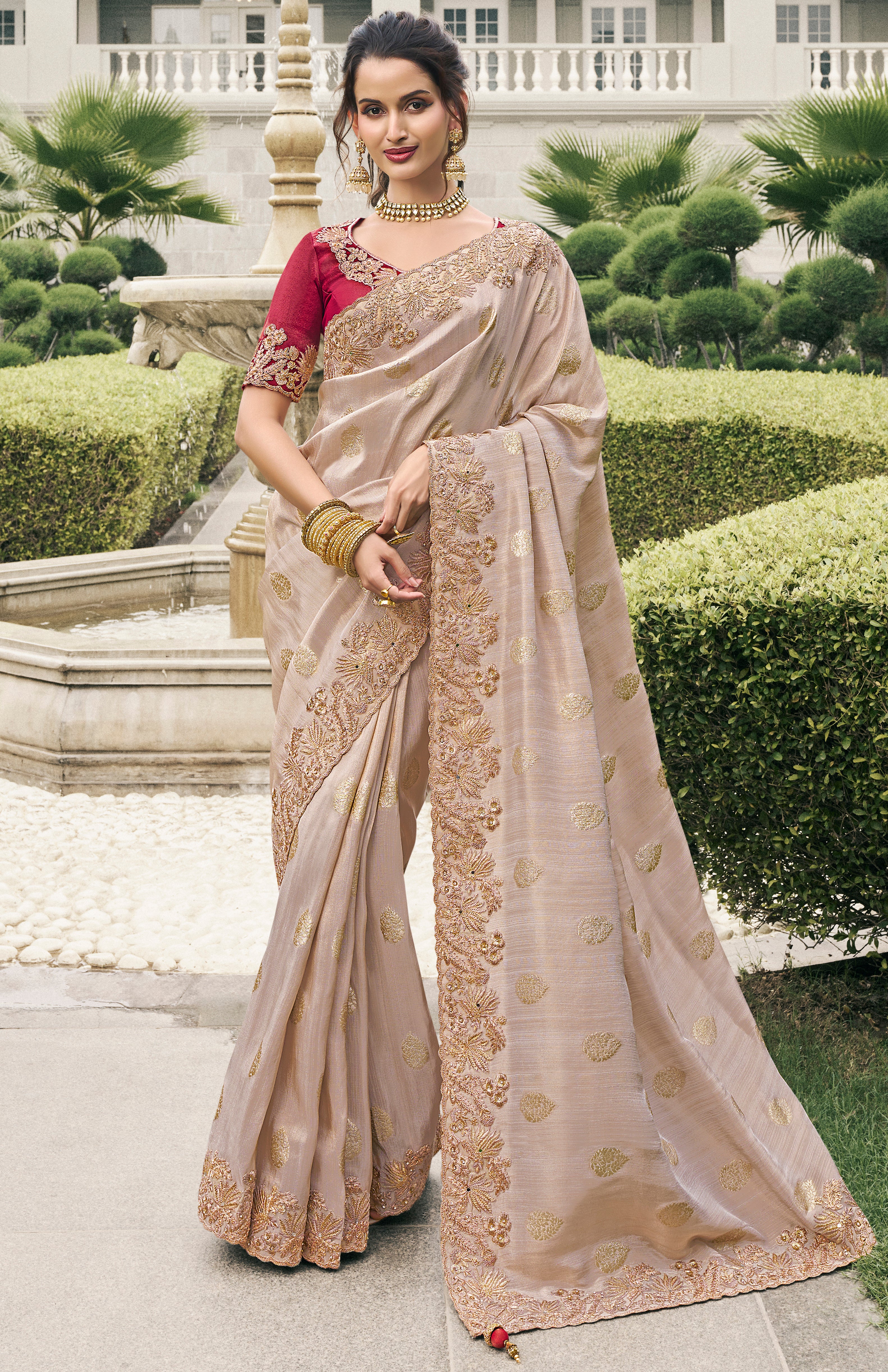 Beige Saree With  Heavy Thread Embroidery, Stone, Pearl, Real Mirror Work
