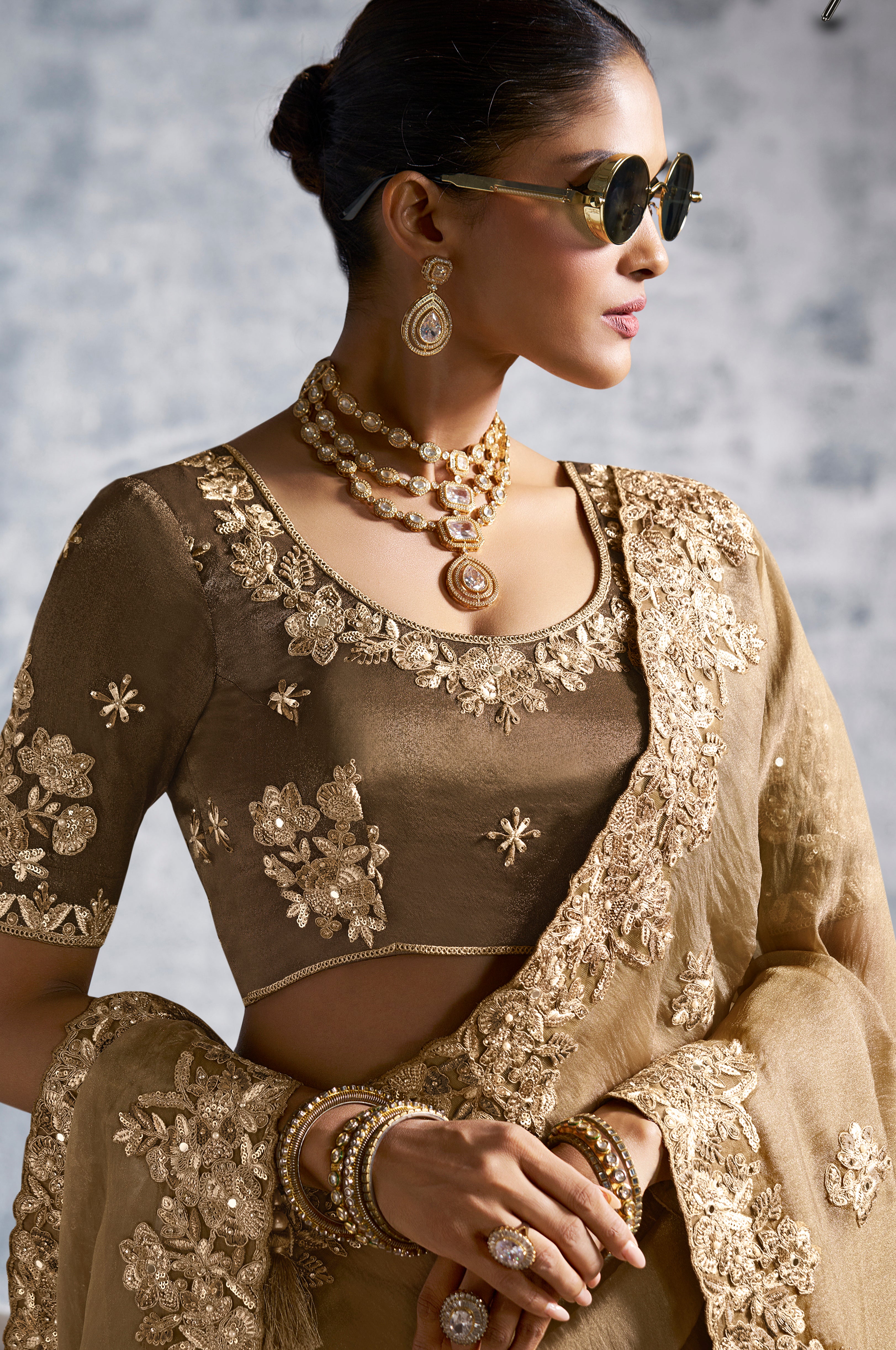 Beige Saree With  Thread Embroidery Work ,Hand-Finished Stone & Mirror work With Embroidery Blouse