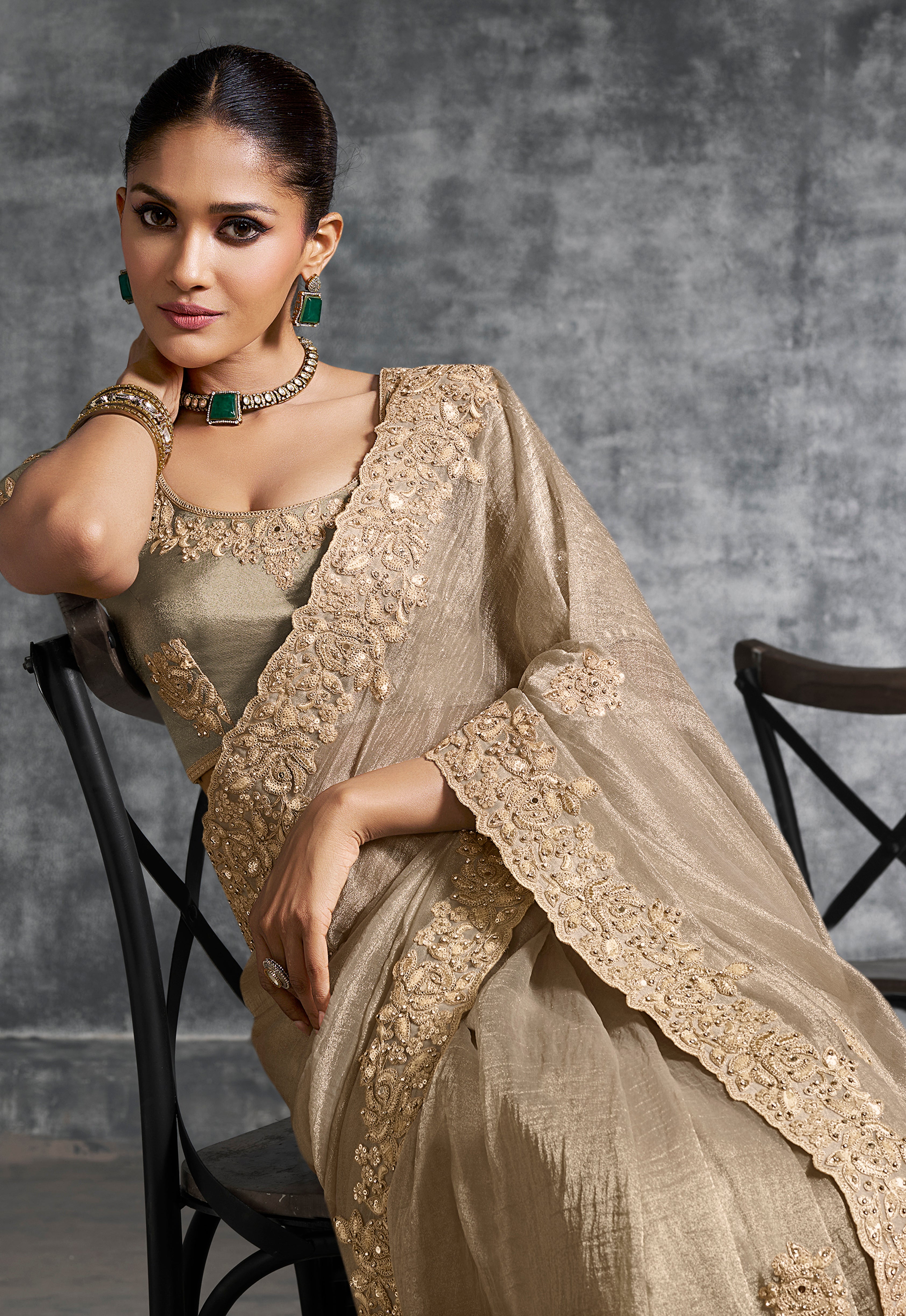 Beige Saree With  Thread Embroidery Work ,Hand-Finished Stone & Mirror work With Embroidery Blouse