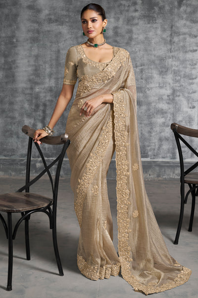 Beige Saree With  Thread Embroidery Work ,Hand-Finished Stone & Mirror work With Embroidery Blouse