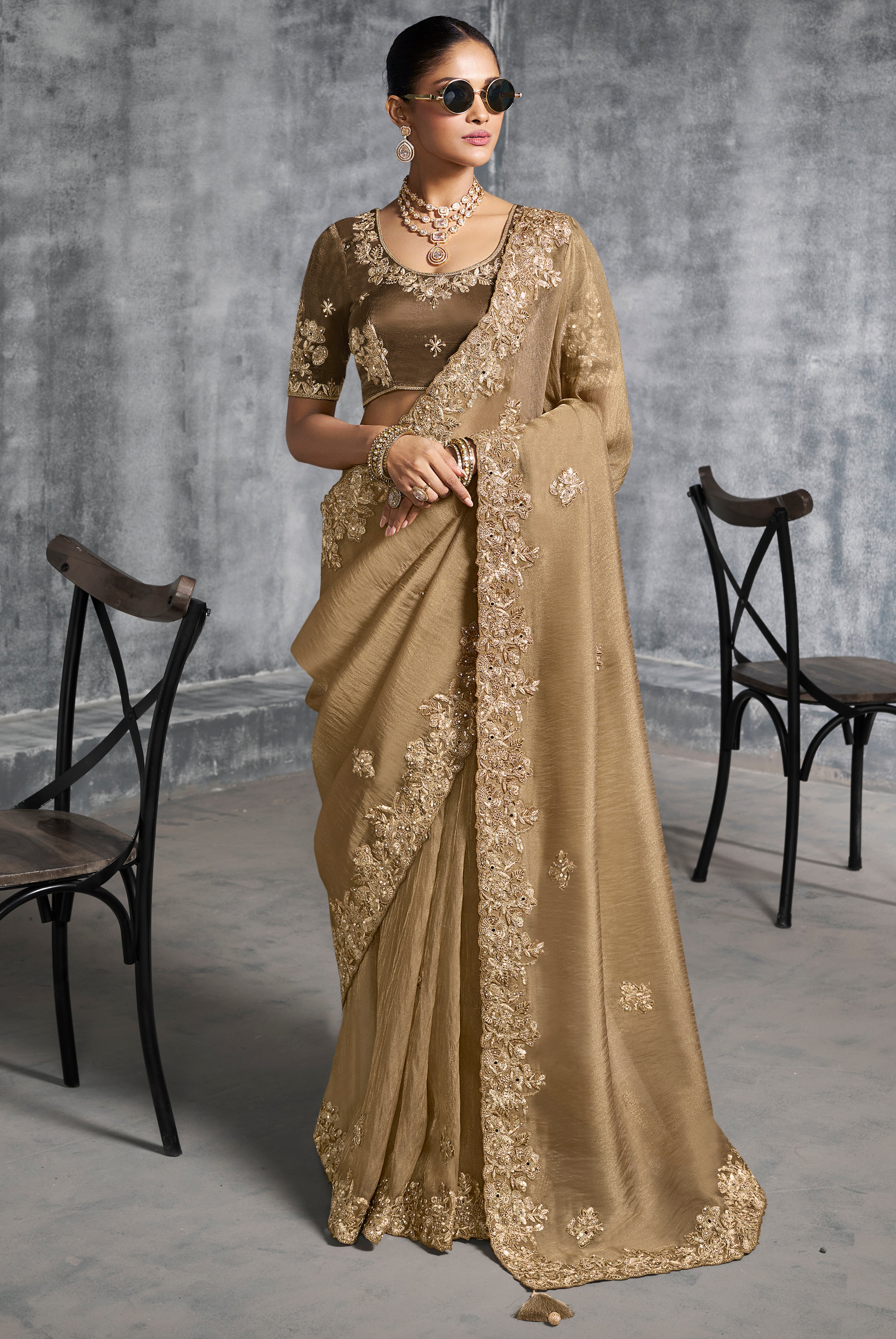 Beige Saree With  Thread Embroidery Work ,Hand-Finished Stone & Mirror work With Embroidery Blouse