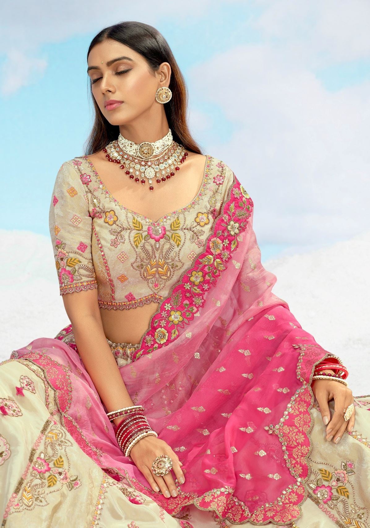 Beige  Silk Lehenga Choli With Heavy Thread Embroidery, Zari With Sequins Work