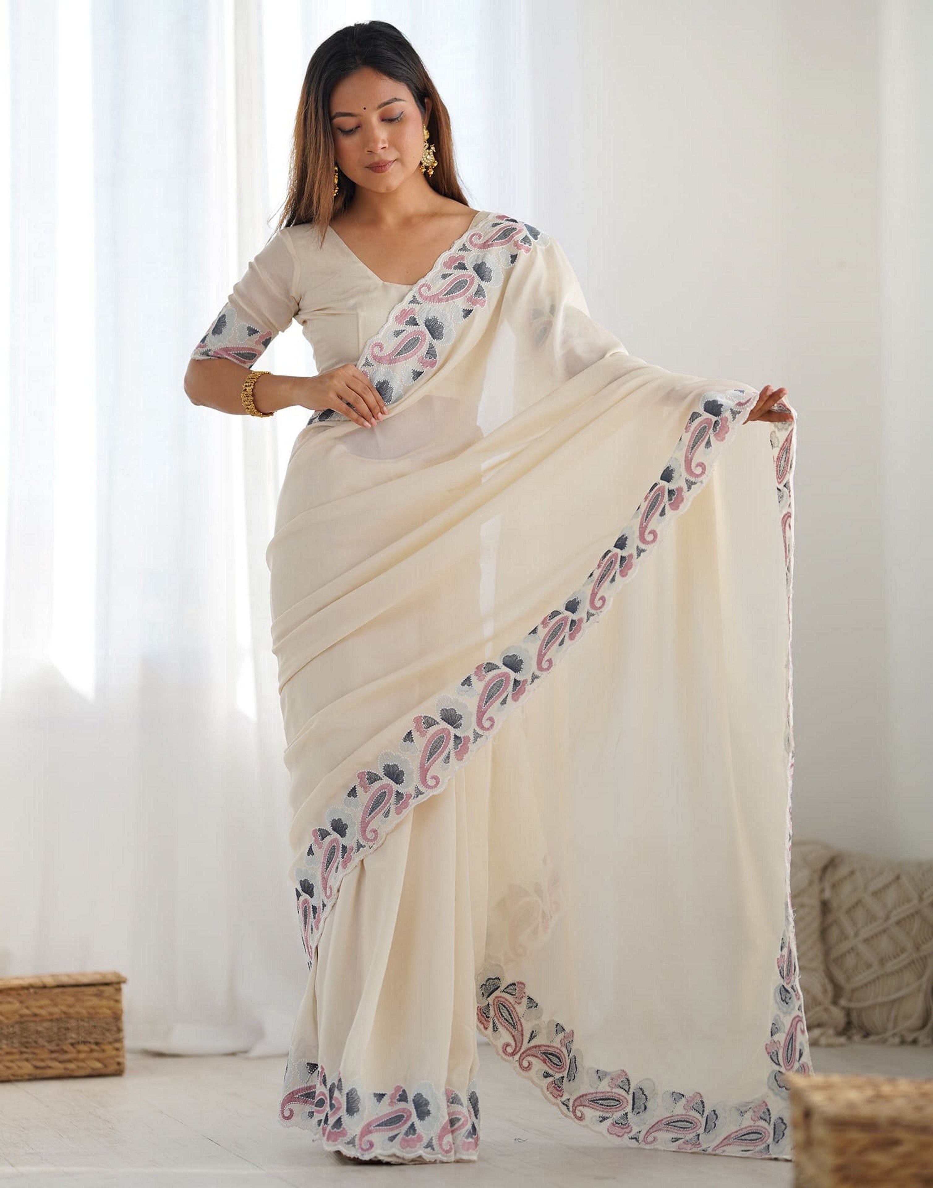 Beige Vichitra Silk Glamorous Ethnic Wedding Wear Saree