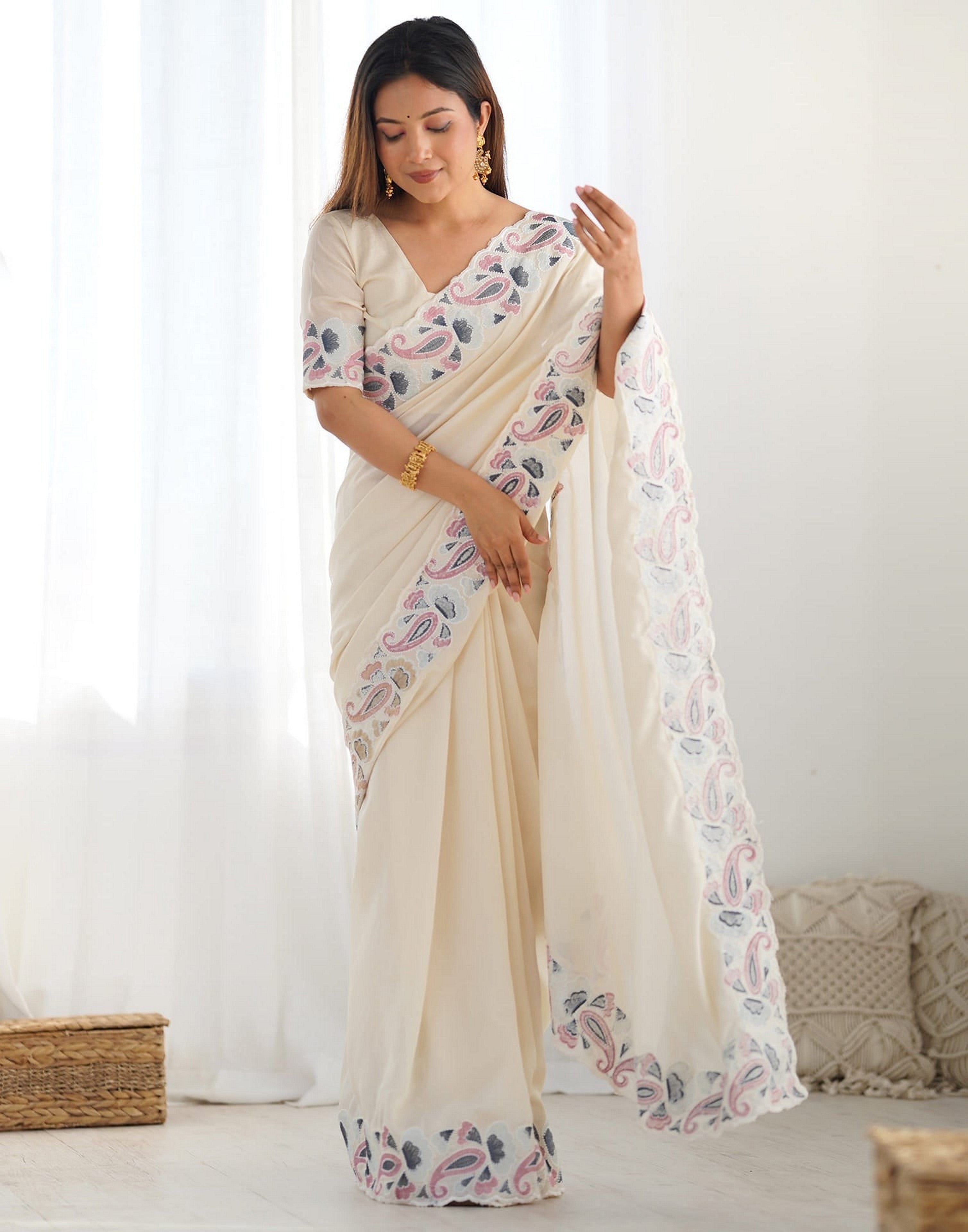 Beige Vichitra Silk Glamorous Ethnic Wedding Wear Saree
