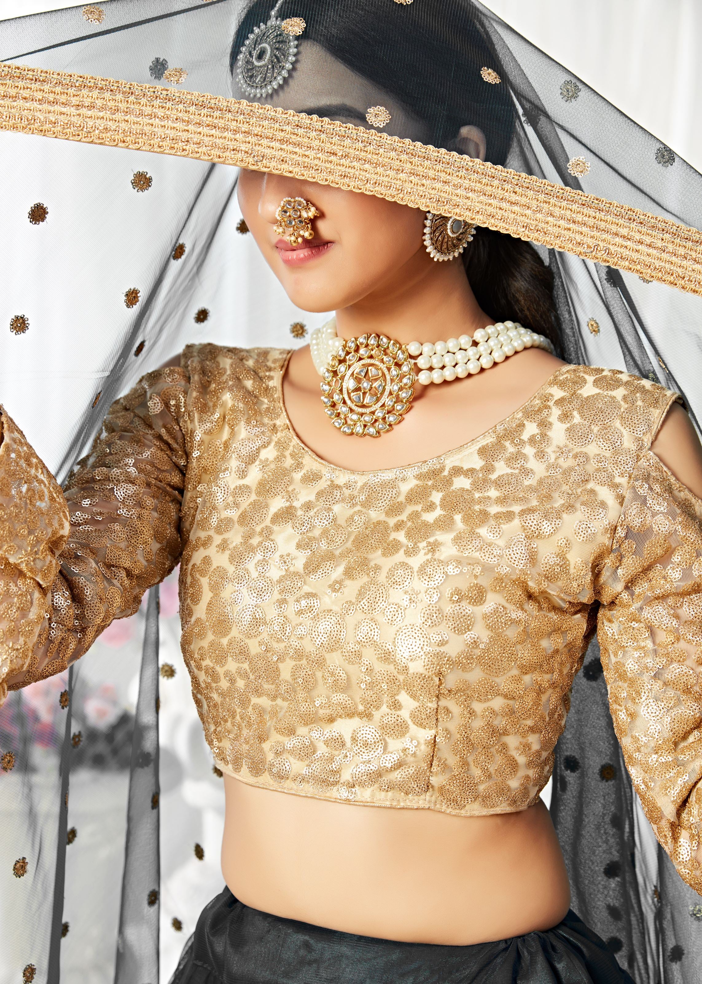 Black And Golden Lehenga Choli With Sequins And Thread Embroidered Work