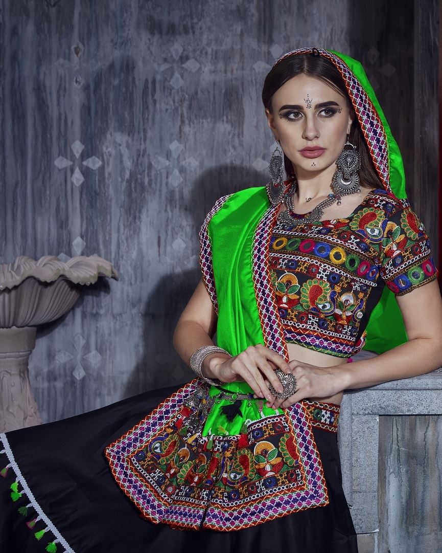 Black And Green Navratri Chaniya Choli With Gamthi Work And Lace Work