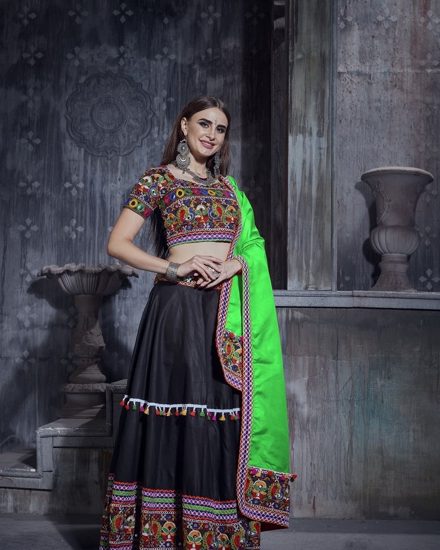 Black And Green Navratri Chaniya Choli With Gamthi Work And Lace Work