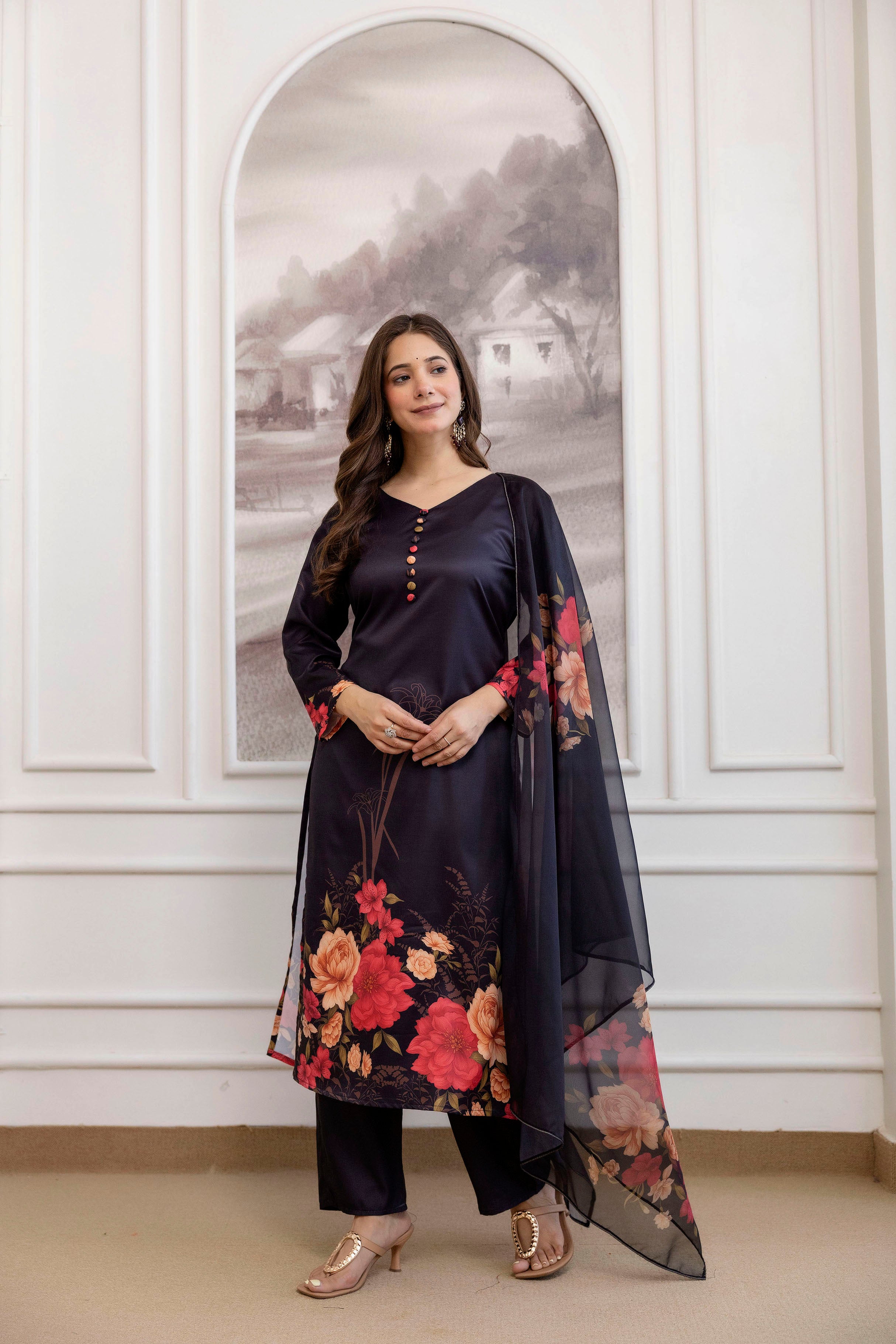 Black Assam Silk Kurta Pant Set  Printed