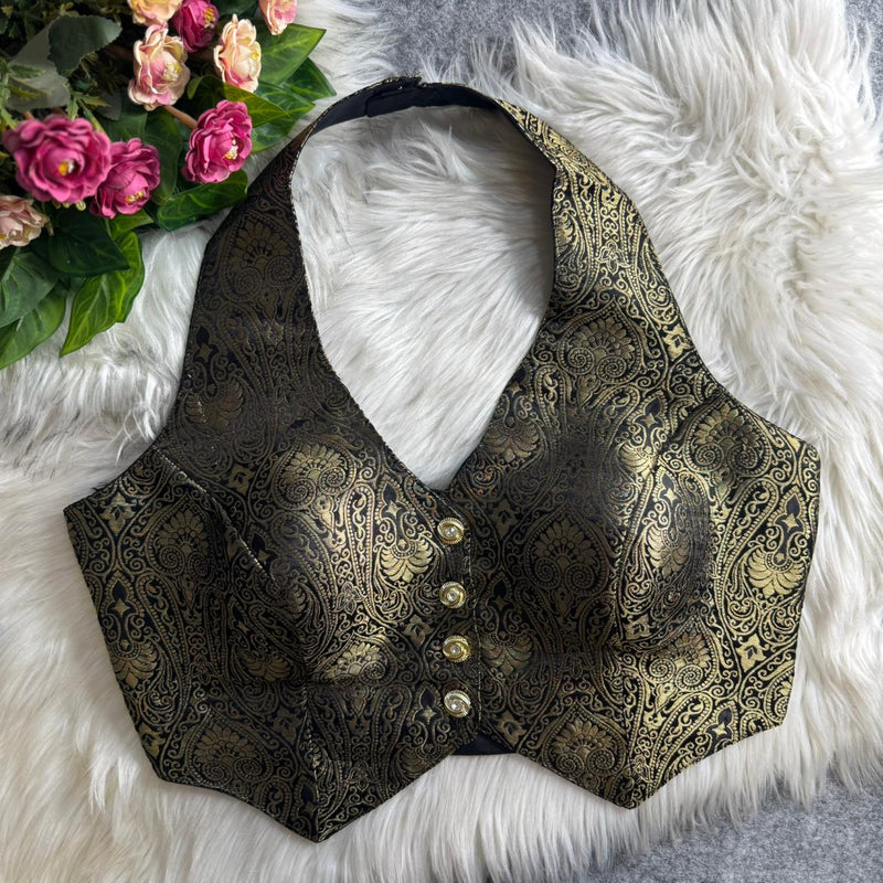 Black Banarasi Jacquard Silk Halter Neck Blouse with Embroidery & Sequins