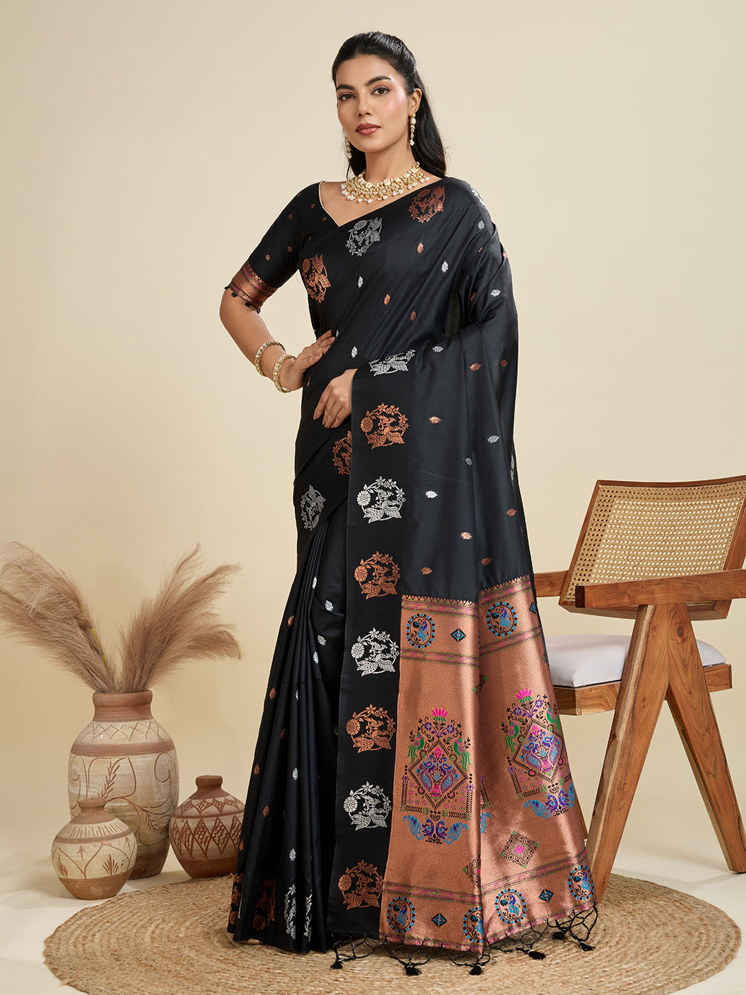 Black Banarasi Silk Saree with Silver Butti and Paithani Pallu