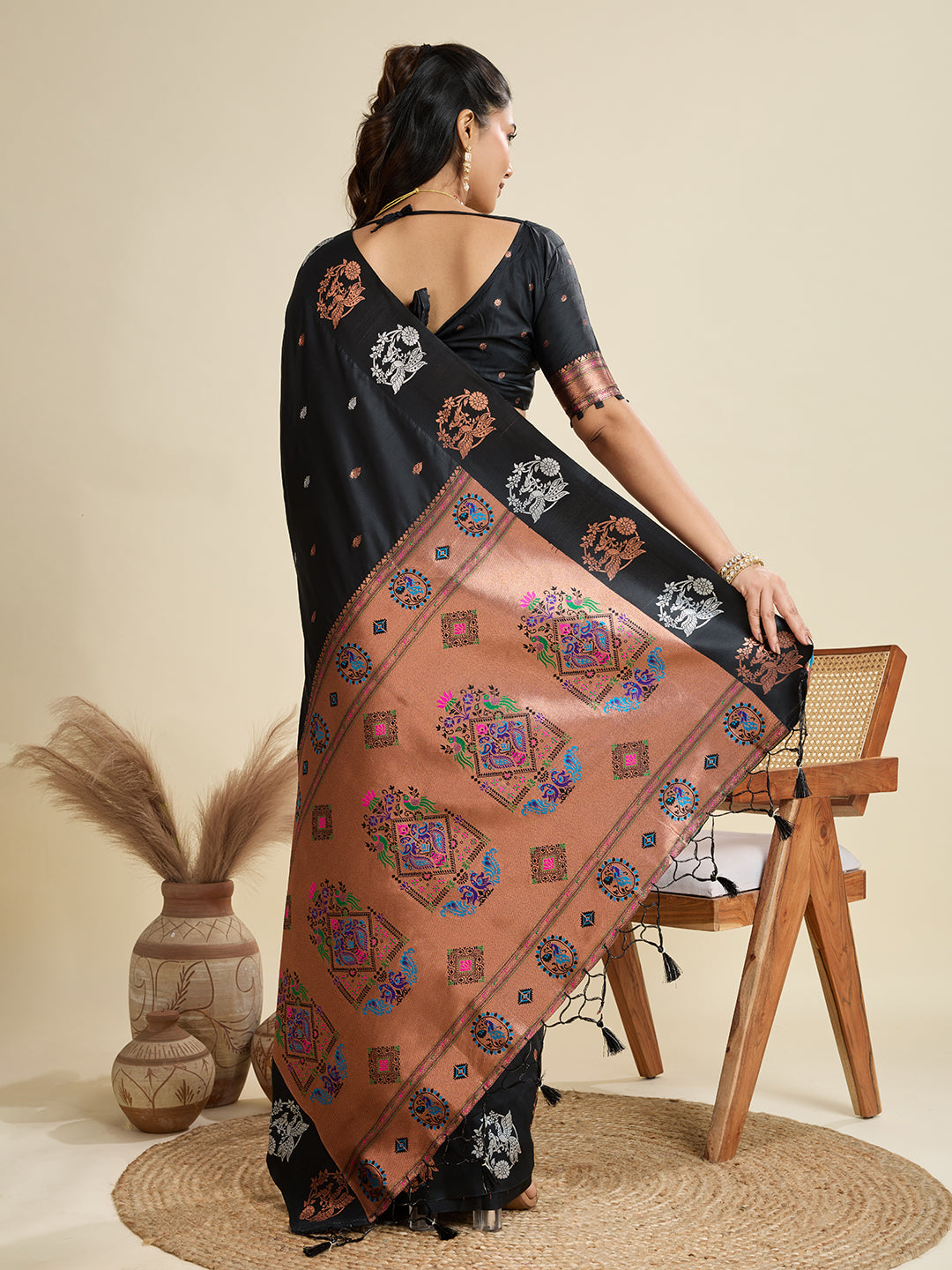 Black Banarasi Silk Saree with Silver Butti and Paithani Pallu
